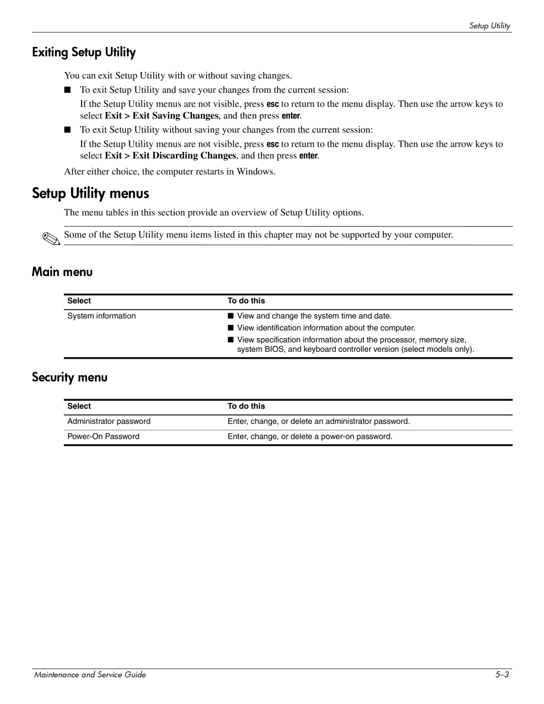 HP CQ61-313AX, CQ61-312SL manual Setup Utility menus, Exiting Setup Utility, Main menu, Security menu, Select To do this 