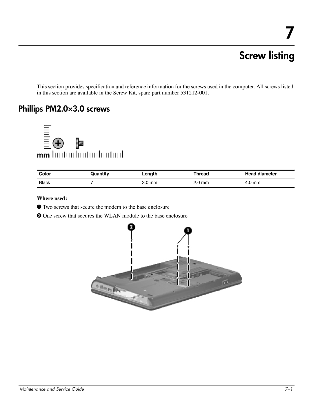 HP CQ61-320EA, CQ61-313AX manual Screw listing, Phillips PM2.0×3.0 screws, Color Quantity Length Thread Head diameter Black 