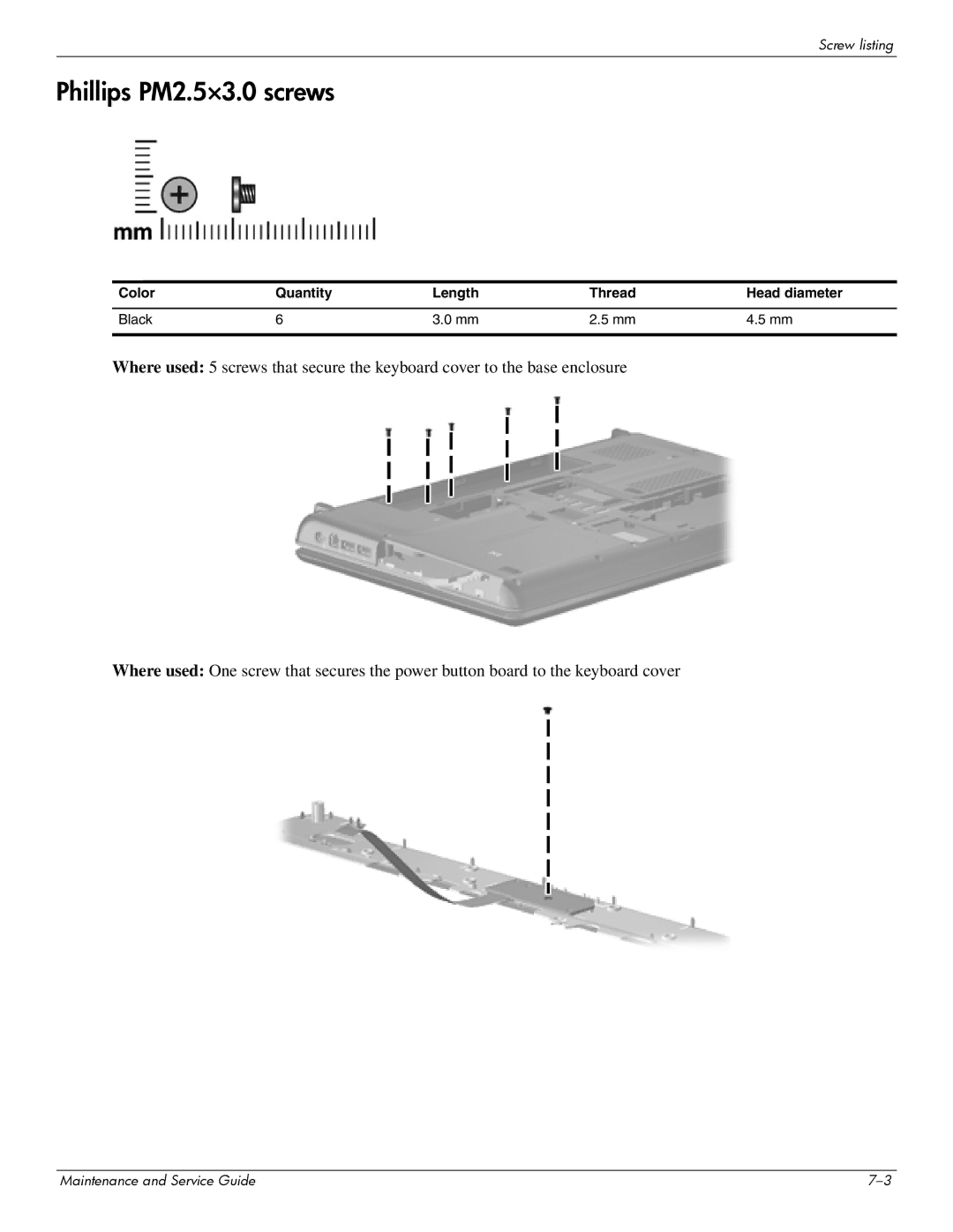 HP CQ61-313AX, CQ61-312SL, CQ61-310US, CQ61-307AU, CQ61-306AX, CQ61-303XX, CQ61-313NR, CQ61-313US manual Phillips PM2.5×3.0 screws 