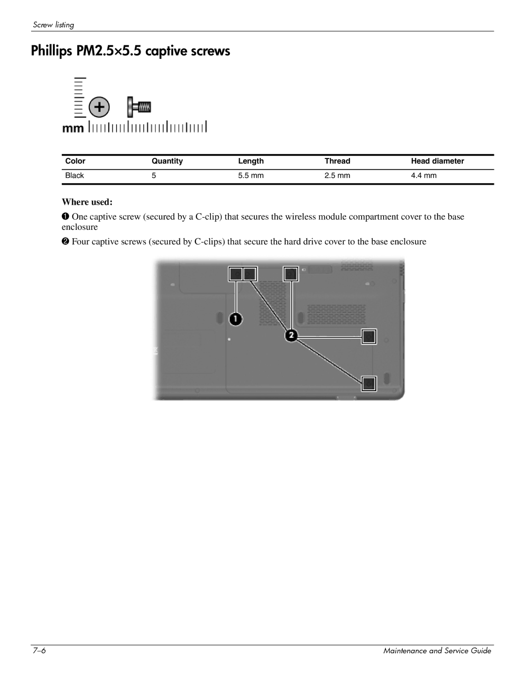 HP CQ61-307AU, CQ61-313AX, CQ61-312SL, CQ61-310US, CQ61-306AX, CQ61-303XX, CQ61-313NR manual Phillips PM2.5×5.5 captive screws 