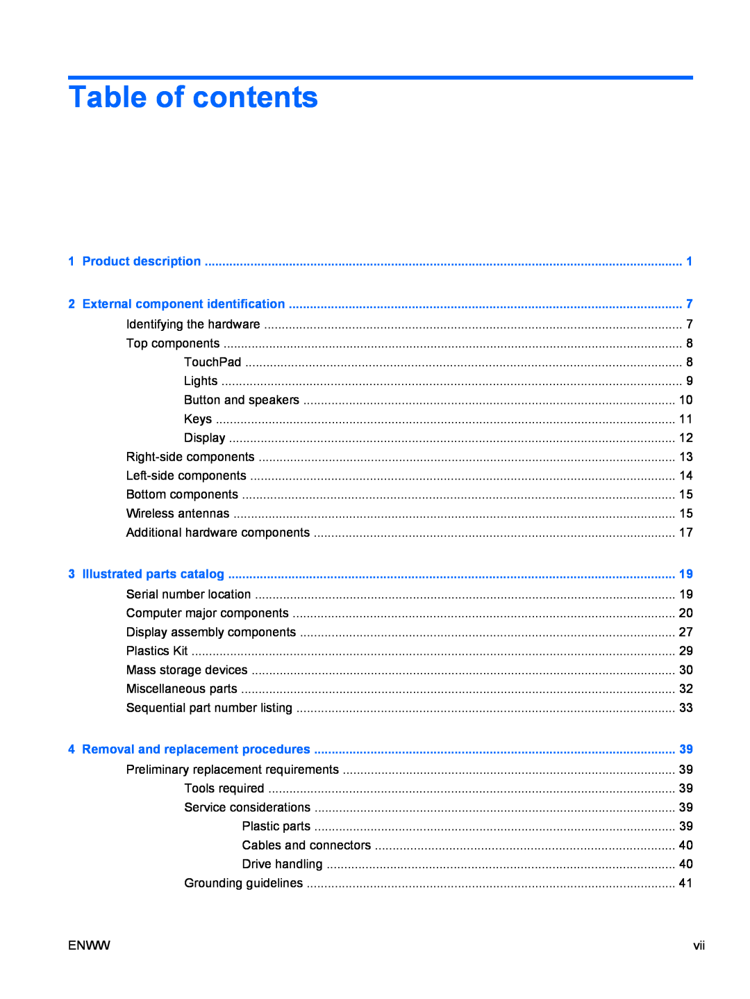 HP CQ62-203AU manual Table of contents, Product description, External component identification, Illustrated parts catalog 