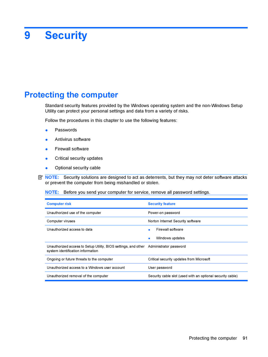 HP CQ62-202AU, CQ62-255TU, CQ62-238DX, CQ62-252TX, CQ62-228DX, CQ62-251TX, CQ62-231NR manual Security, Protecting the computer 