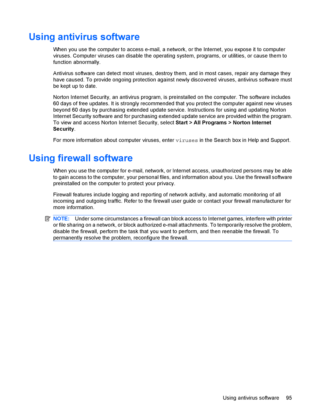 HP CQ62-228DX, CQ62-255TU, CQ62-238DX, CQ62-252TX, CQ62-251TX, CQ62-231NR Using antivirus software, Using firewall software 
