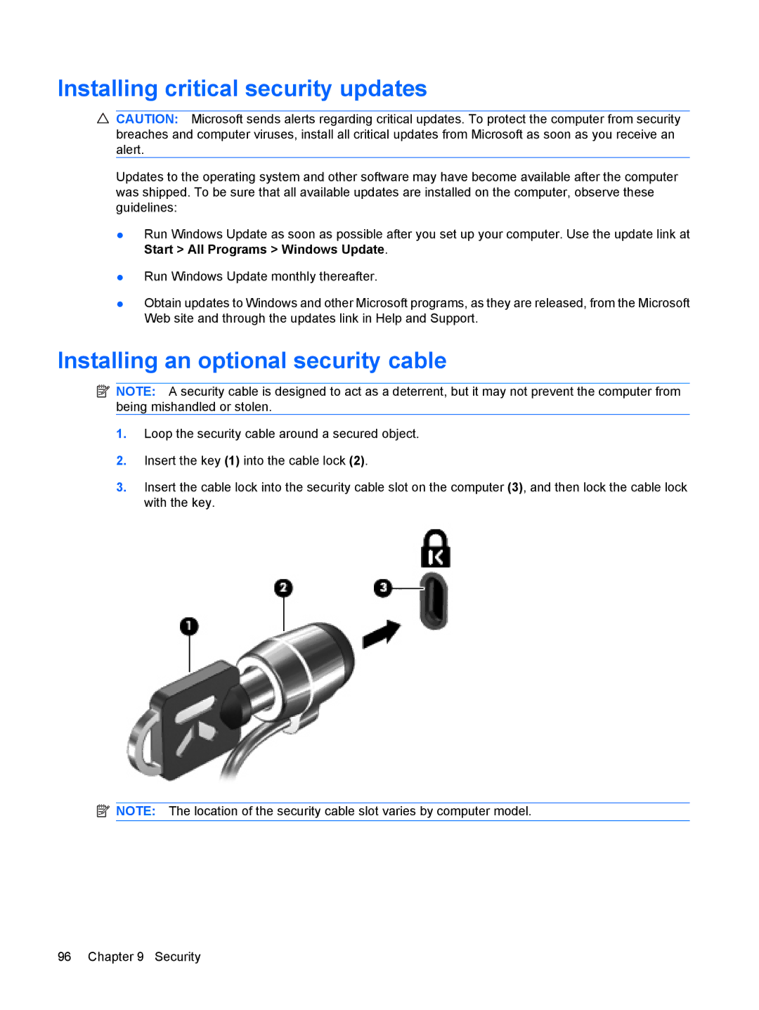 HP CQ62-251TX, CQ62-255TU, CQ62-238DX, CQ62z-200 Installing critical security updates, Installing an optional security cable 