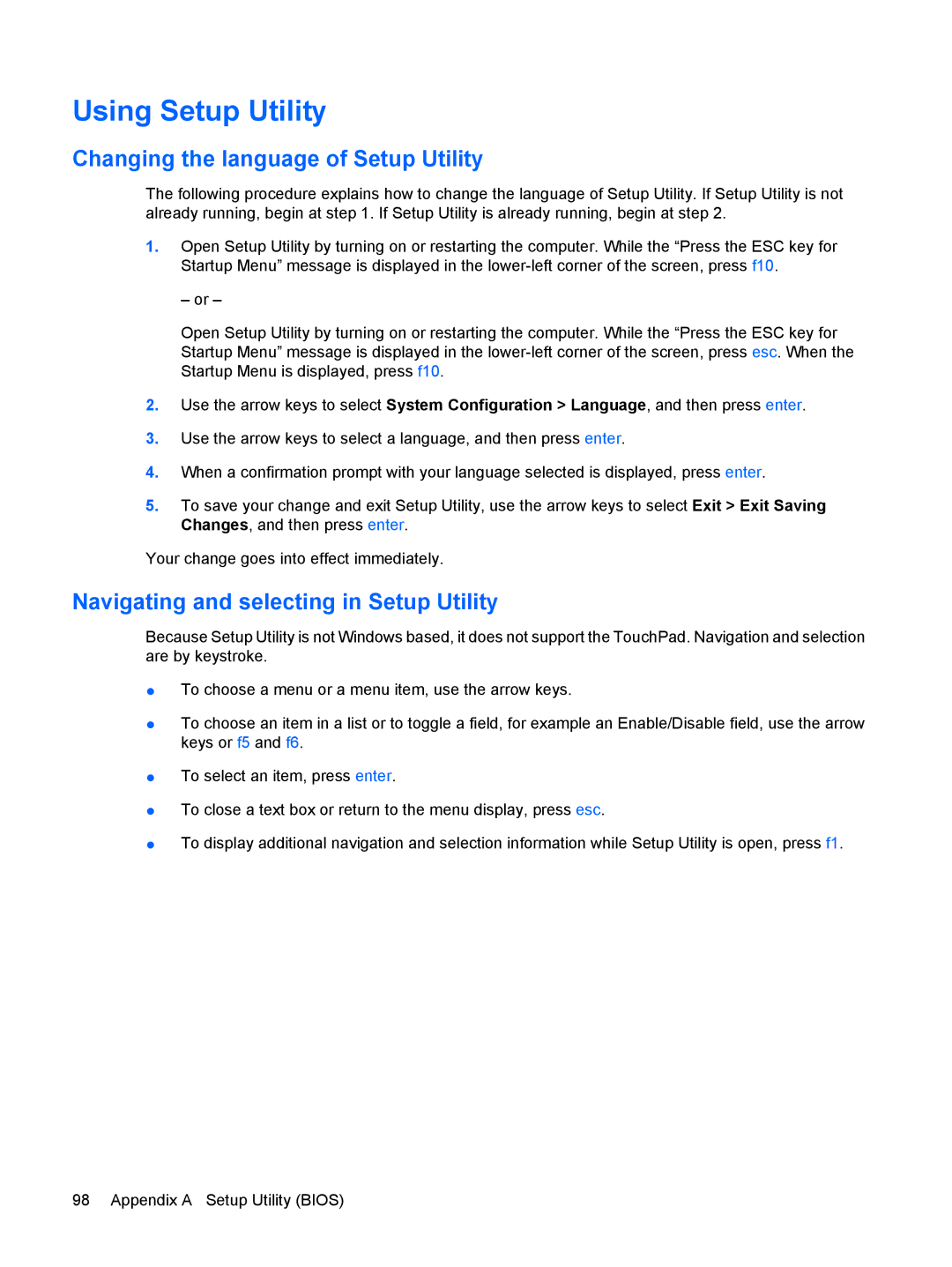 HP CQ62-217CA manual Using Setup Utility, Changing the language of Setup Utility, Navigating and selecting in Setup Utility 