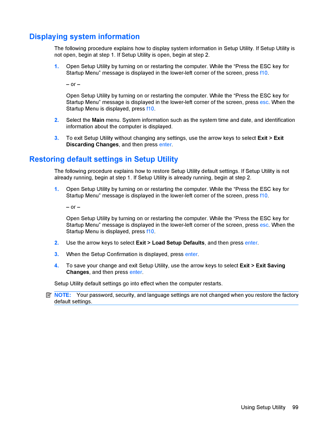 HP CQ62-225NR, CQ62-255TU, CQ62-238DX, CQ62-252TX Displaying system information, Restoring default settings in Setup Utility 