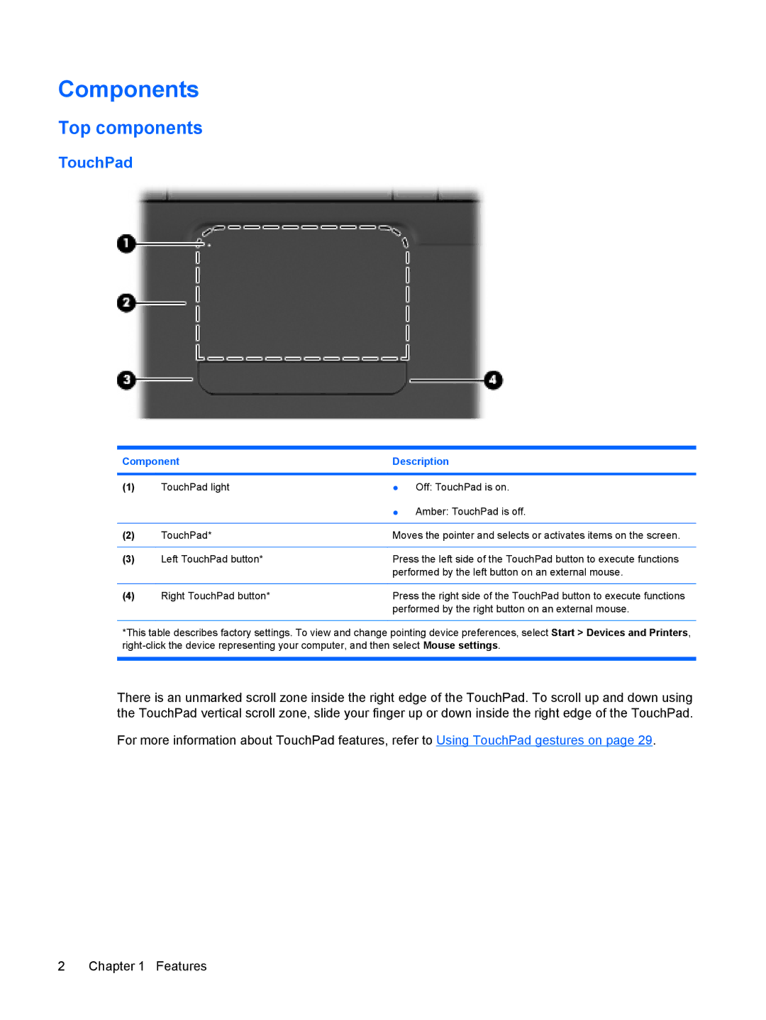 HP CQ62-215DX, CQ62-255TU, CQ62-238DX, CQ62-252TX, CQ62-228DX, CQ62-251TX, CQ62-231NR manual Components, Top components, TouchPad 