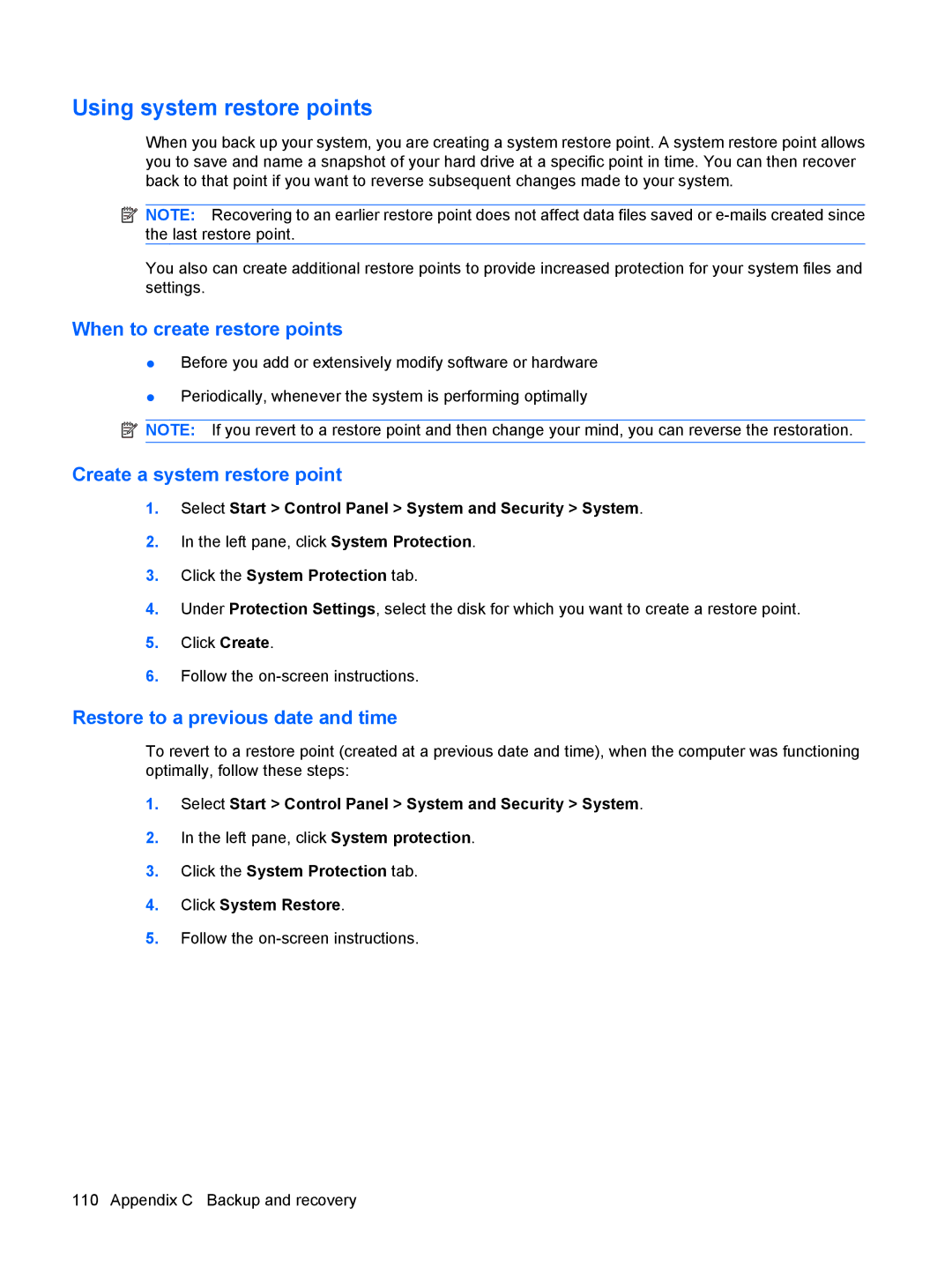 HP CQ62-203AU, CQ62-255TU manual Using system restore points, When to create restore points, Create a system restore point 