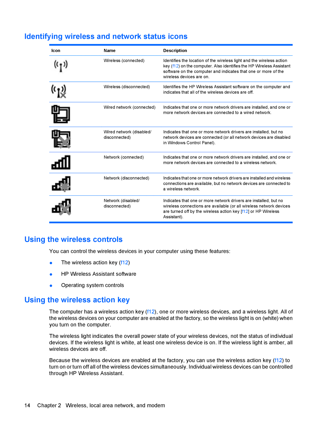 HP CQ62-202TU Identifying wireless and network status icons, Using the wireless controls, Using the wireless action key 