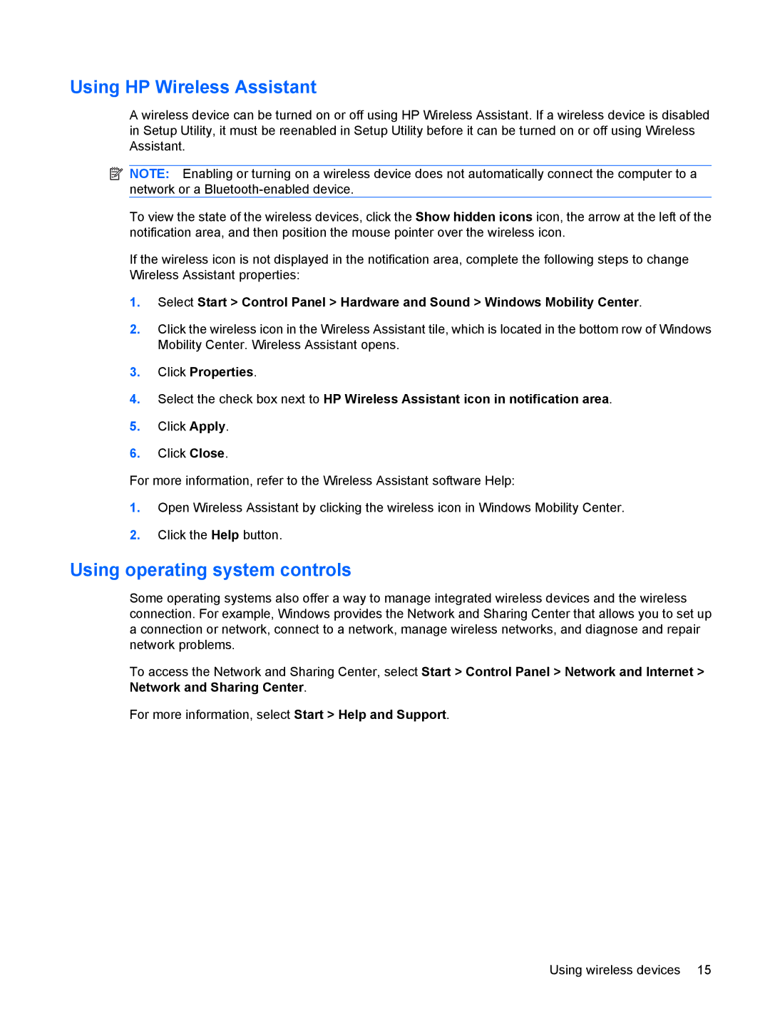 HP CQ62-113TU, CQ62-255TU, CQ62-238DX, CQ62-252TX, CQ62-228DX Using HP Wireless Assistant, Using operating system controls 