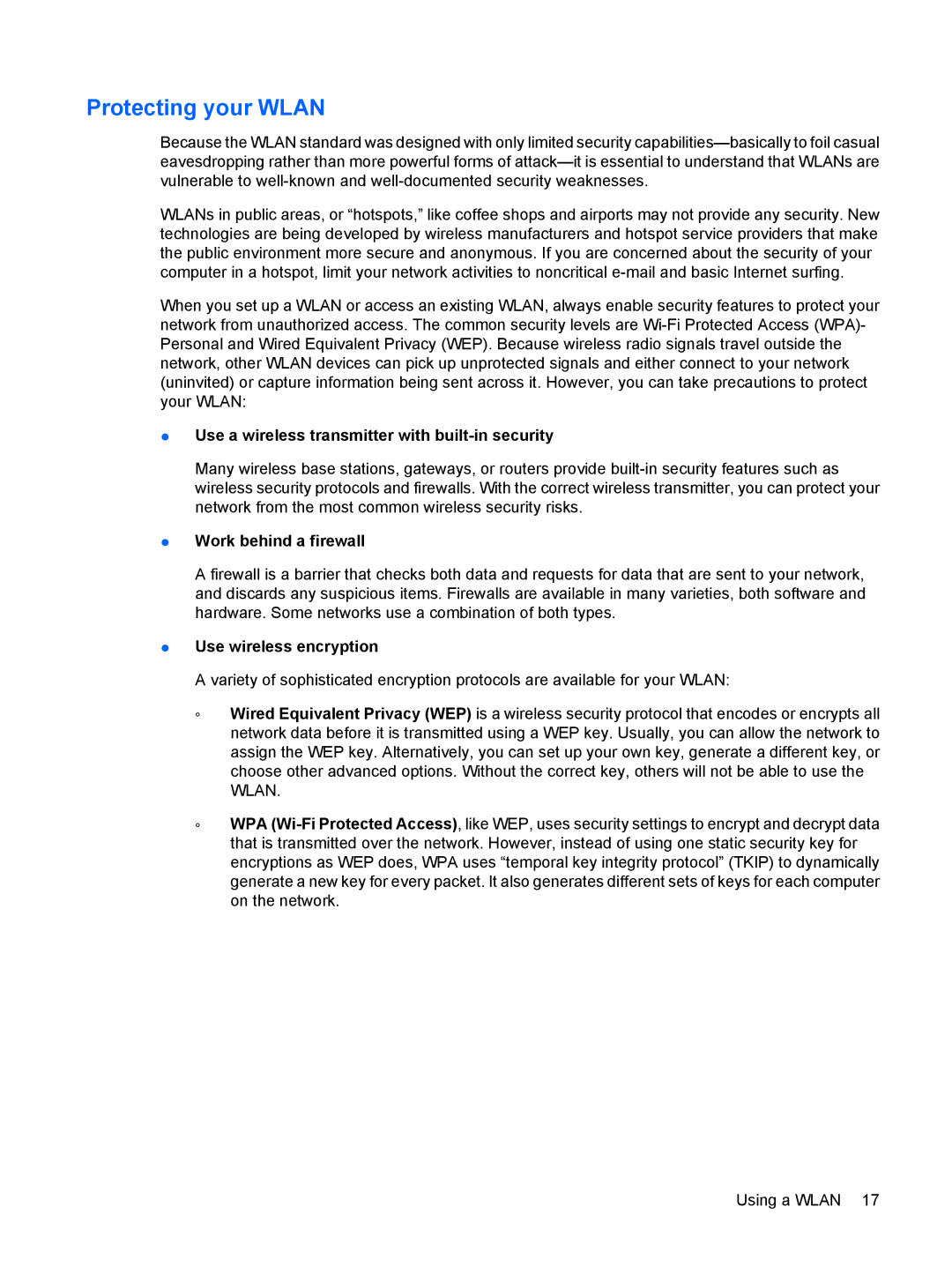 HP CQ62-201AX, CQ62-255TU Protecting your Wlan, Use a wireless transmitter with built-in security, Work behind a firewall 