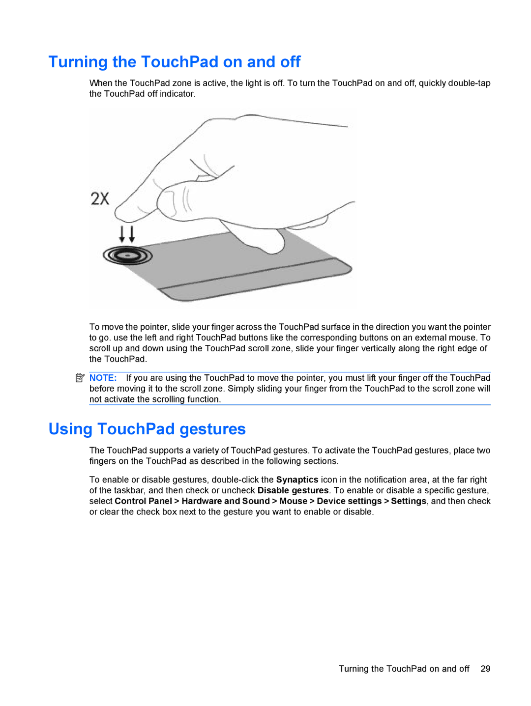 HP CQ62-231NR, CQ62-255TU, CQ62-238DX, CQ62-252TX, CQ62-228DX manual Turning the TouchPad on and off, Using TouchPad gestures 