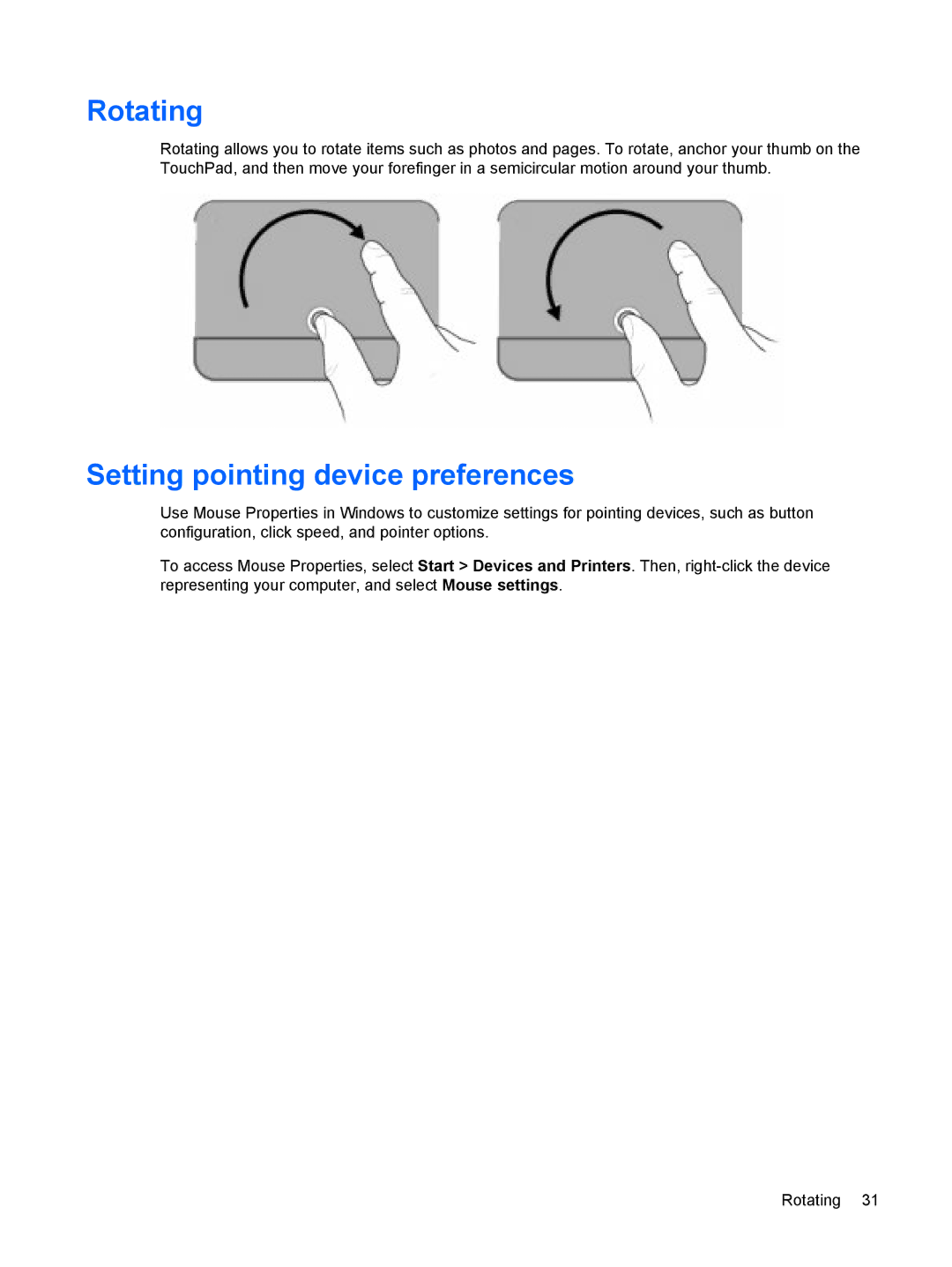 HP CQ62-225NR, CQ62-255TU, CQ62-238DX, CQ62-252TX, CQ62-228DX, CQ62-251TX manual Rotating, Setting pointing device preferences 