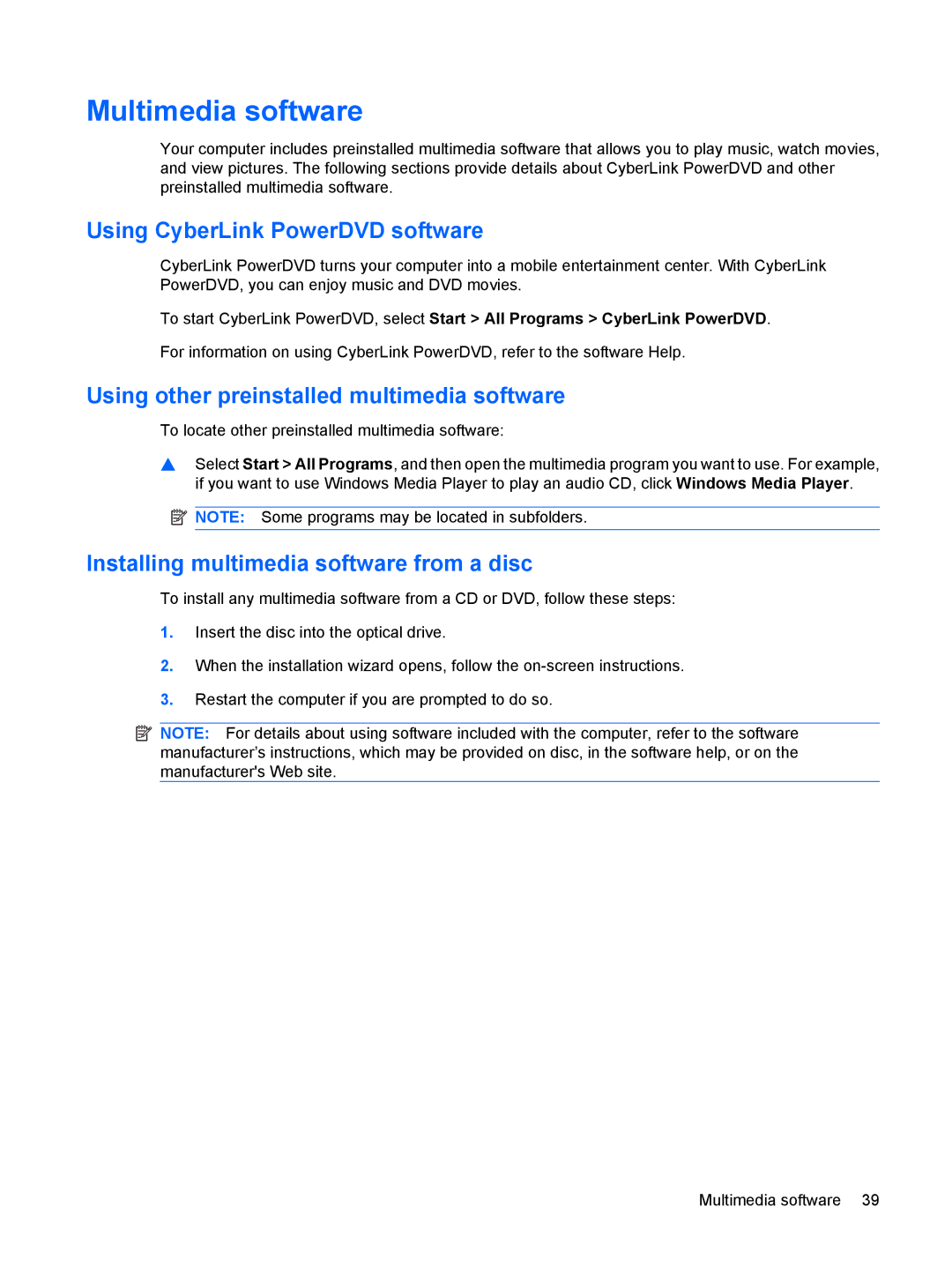 HP CQ62-212TU manual Multimedia software, Using CyberLink PowerDVD software, Using other preinstalled multimedia software 