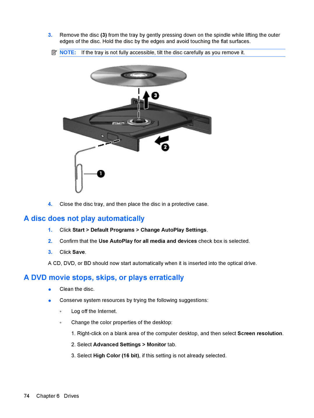 HP CQ62-213NR, CQ62-255TU, CQ62-238DX manual Disc does not play automatically, DVD movie stops, skips, or plays erratically 