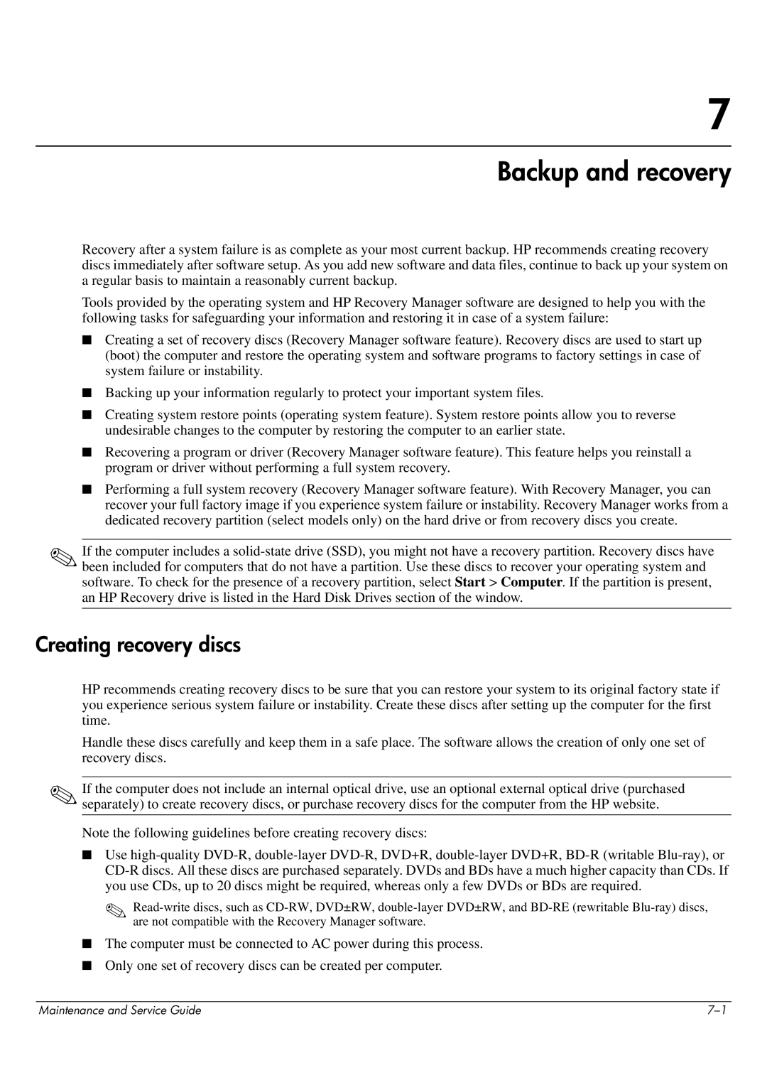 HP CQ62-215NR, CQ62-255TU, CQ62-252TX, CQ62-251TX, CQ62-217CA, CQ62-219WM manual Backup and recovery, Creating recovery discs 