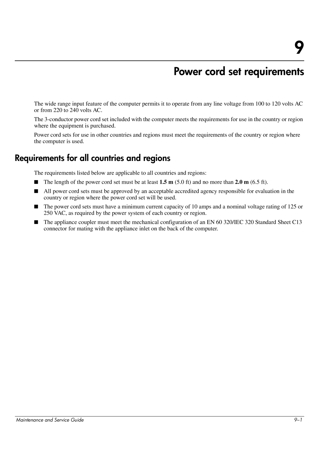 HP CQ62-112TX, CQ62-255TU, CQ62-252TX, CQ62-251TX Power cord set requirements, Requirements for all countries and regions 