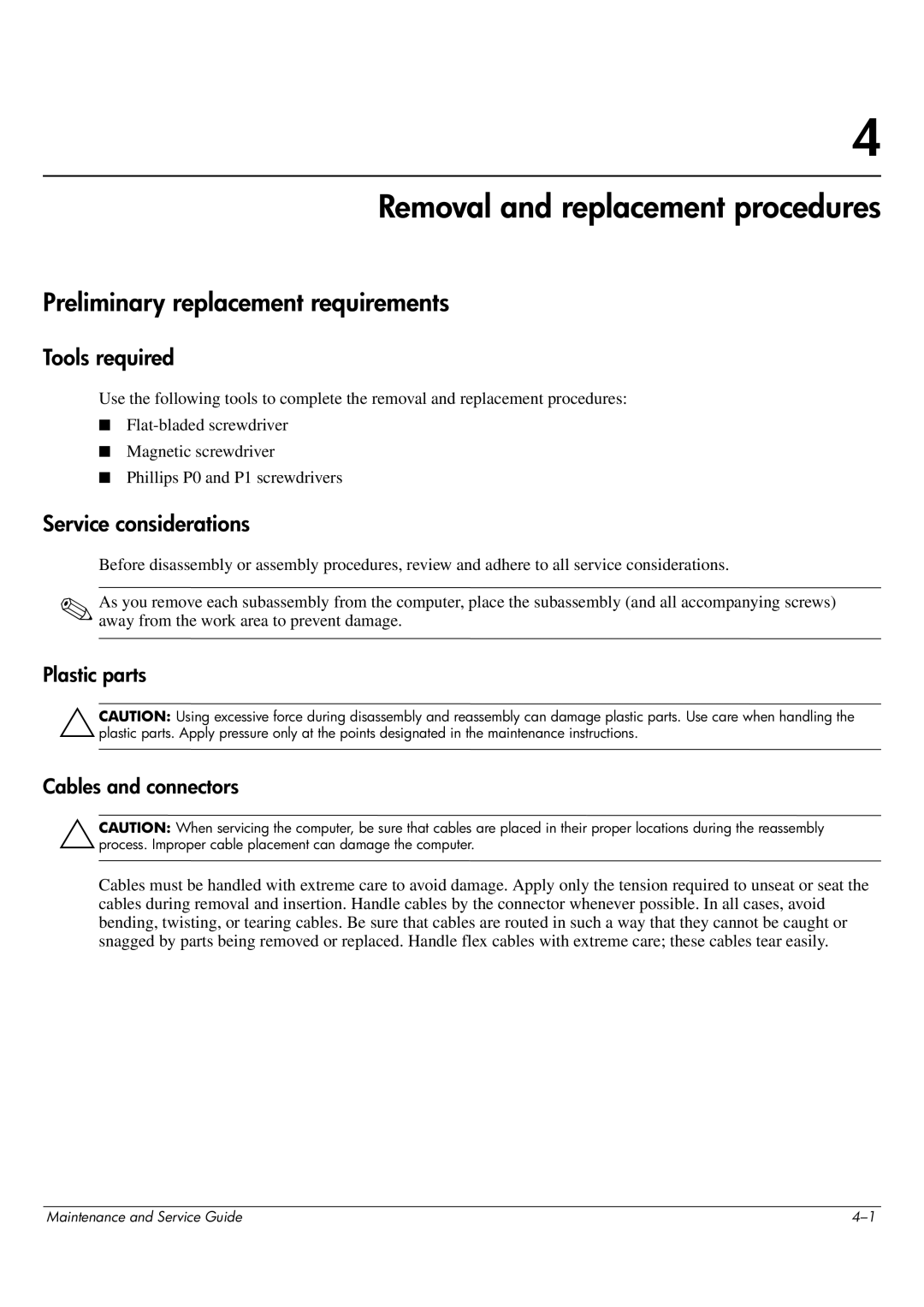 HP CQ62-217CA, CQ62-255TU manual Removal and replacement procedures, Preliminary replacement requirements, Tools required 