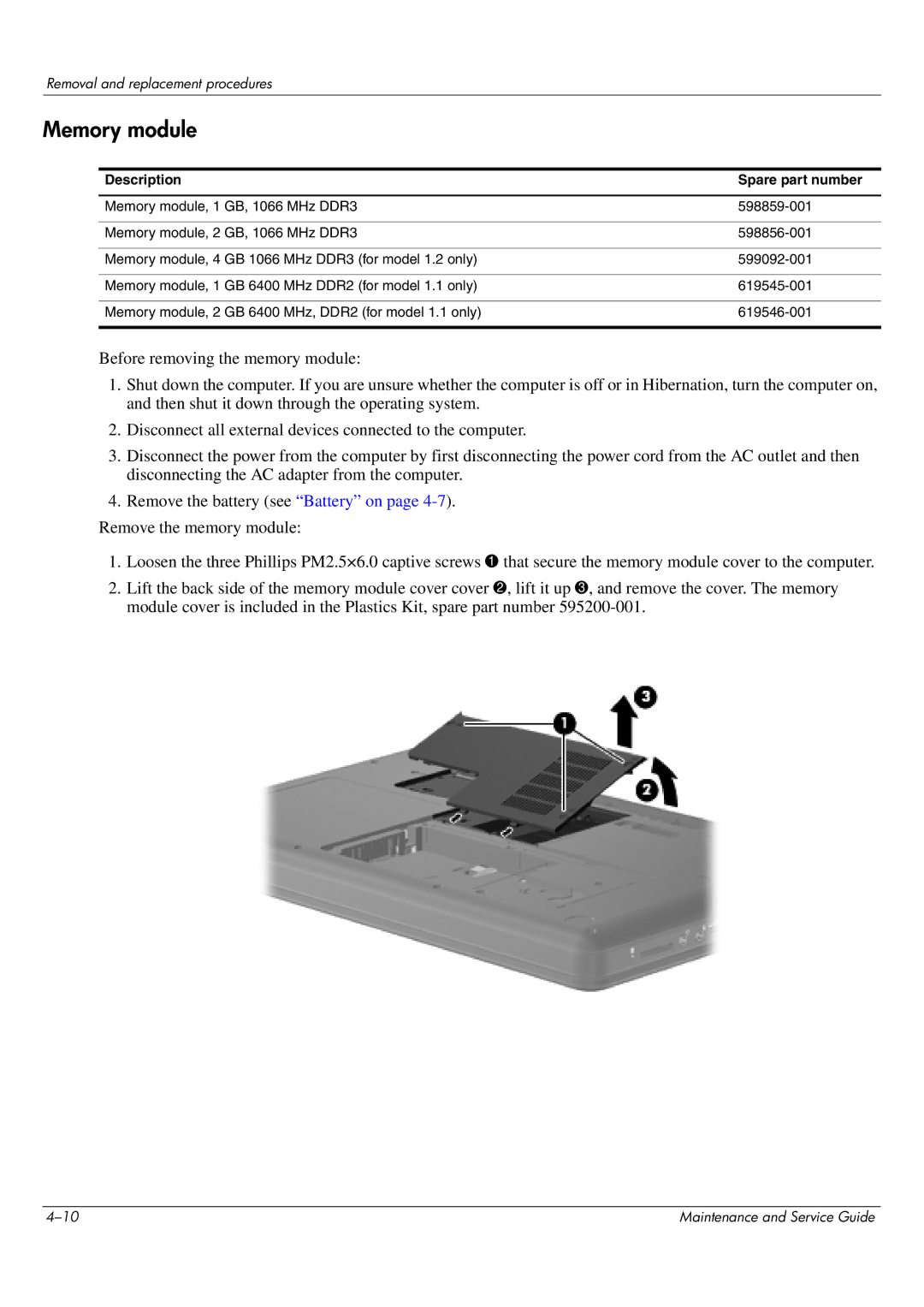 HP CQ62-203TU, CQ62-255TU, CQ62-252TX, CQ62-251TX, CQ62-217CA, CQ62-219WM, CQ62-215TU, CQ62-215NR, CQ62-214TU manual Memory module 