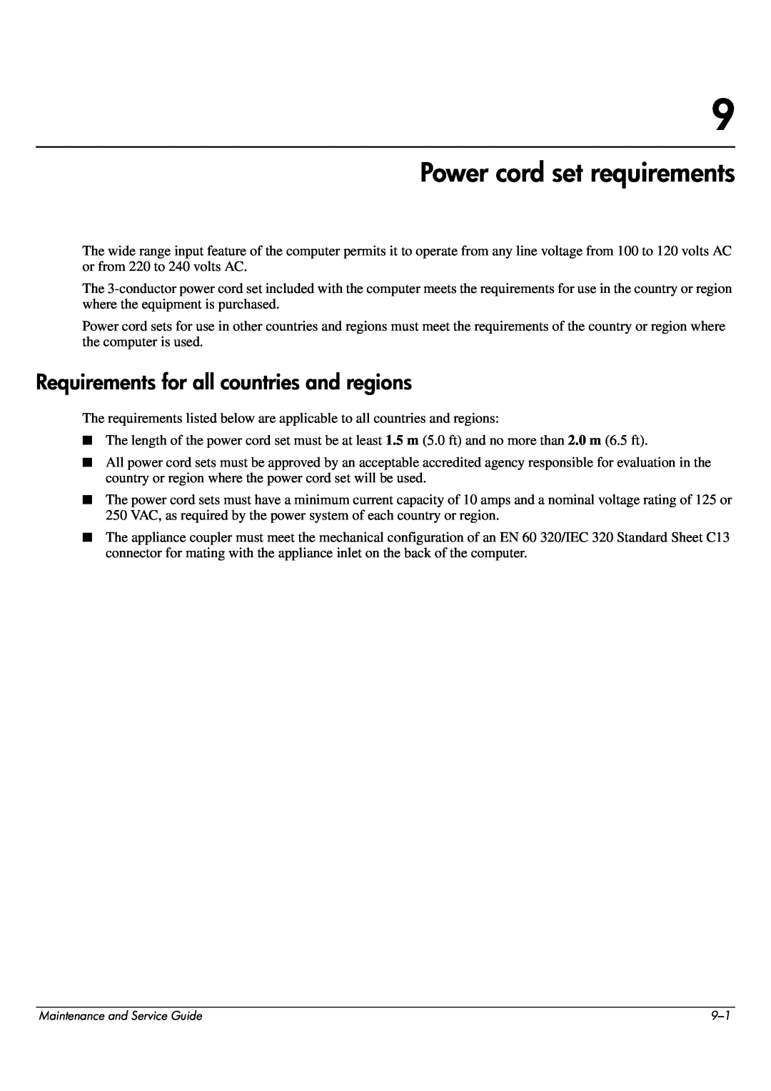 HP CQ62-112TX, CQ62-255TU, CQ62-252TX, CQ62-251TX Power cord set requirements, Requirements for all countries and regions 