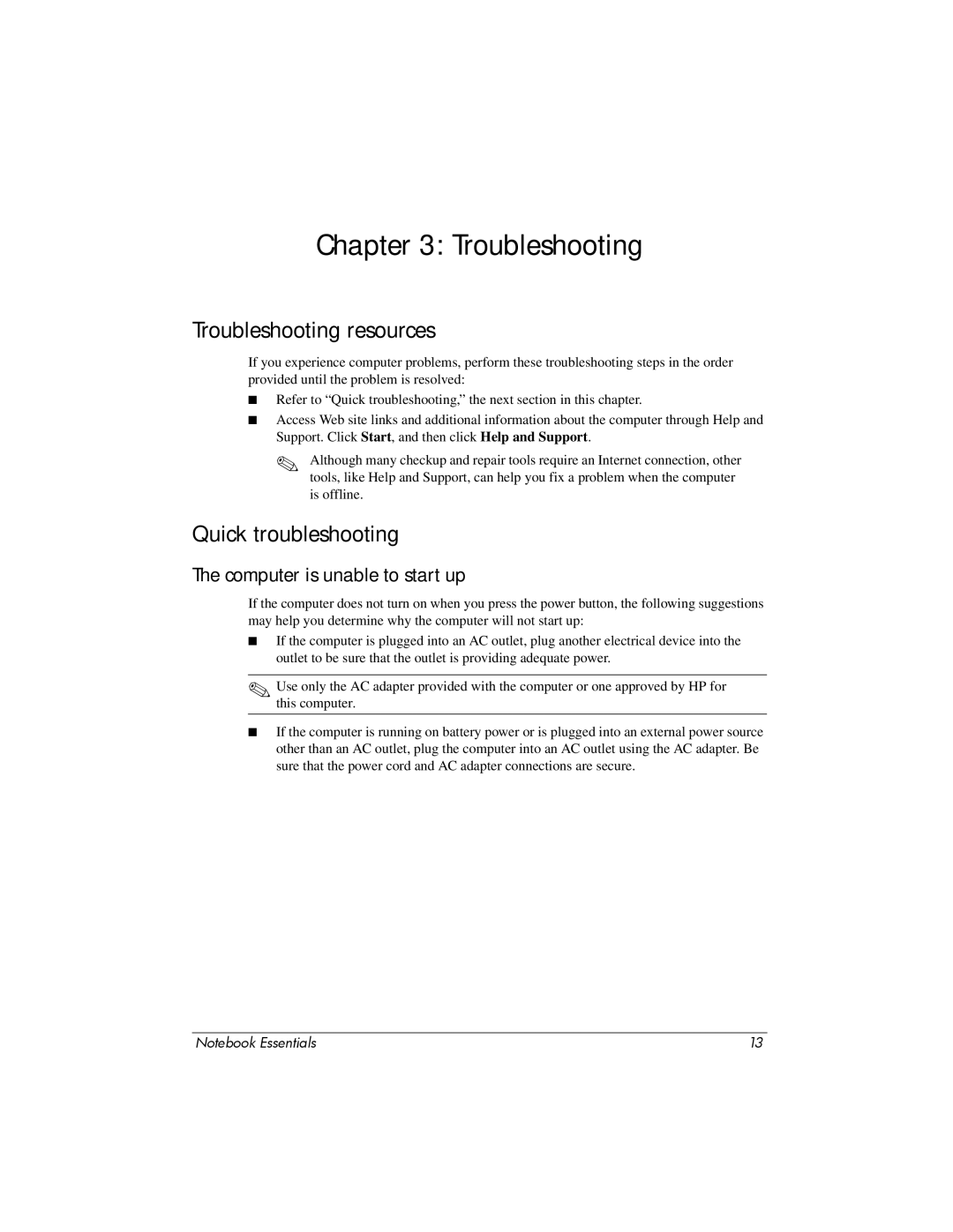 HP CQ62z-300, CQ62-411NR manual Troubleshooting resources, Quick troubleshooting, Computer is unable to start up 