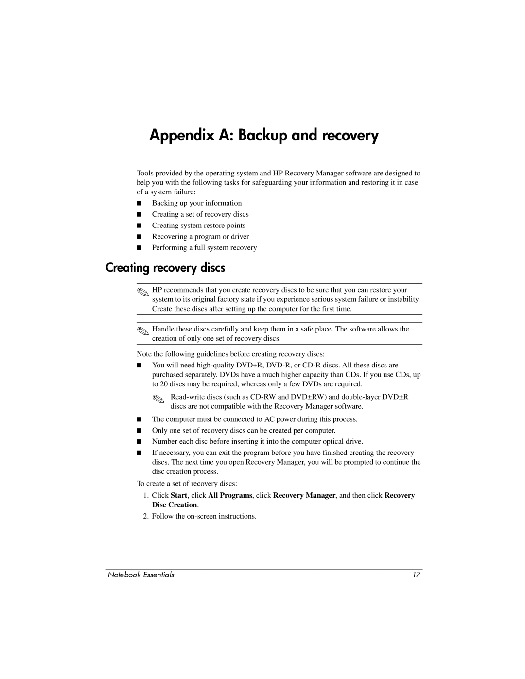 HP CQ62z-300, CQ62-411NR manual Appendix a Backup and recovery, Creating recovery discs 