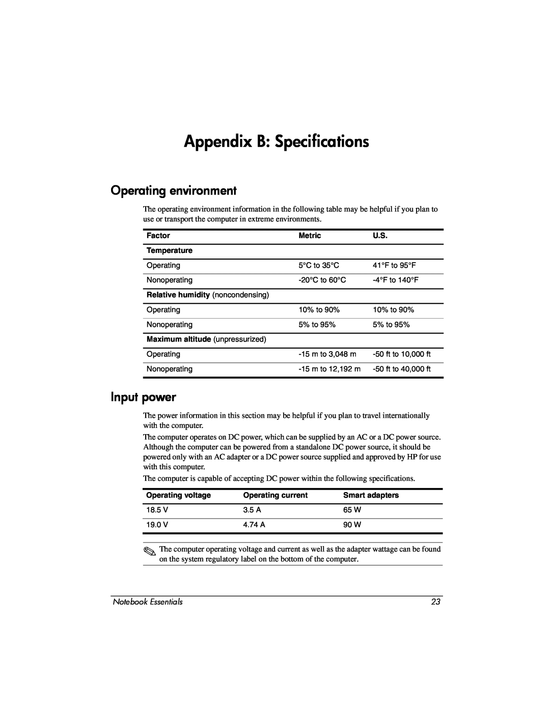 HP CQ62z-300, CQ62-411NR manual Appendix B Specifications, Operating environment, Input power, Notebook Essentials 