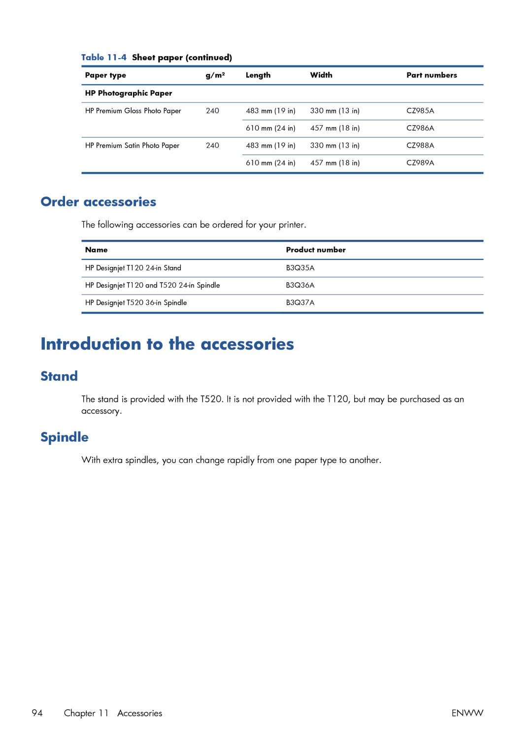 HP CQ893AB1K manual Introduction to the accessories, Order accessories, Stand, Spindle 