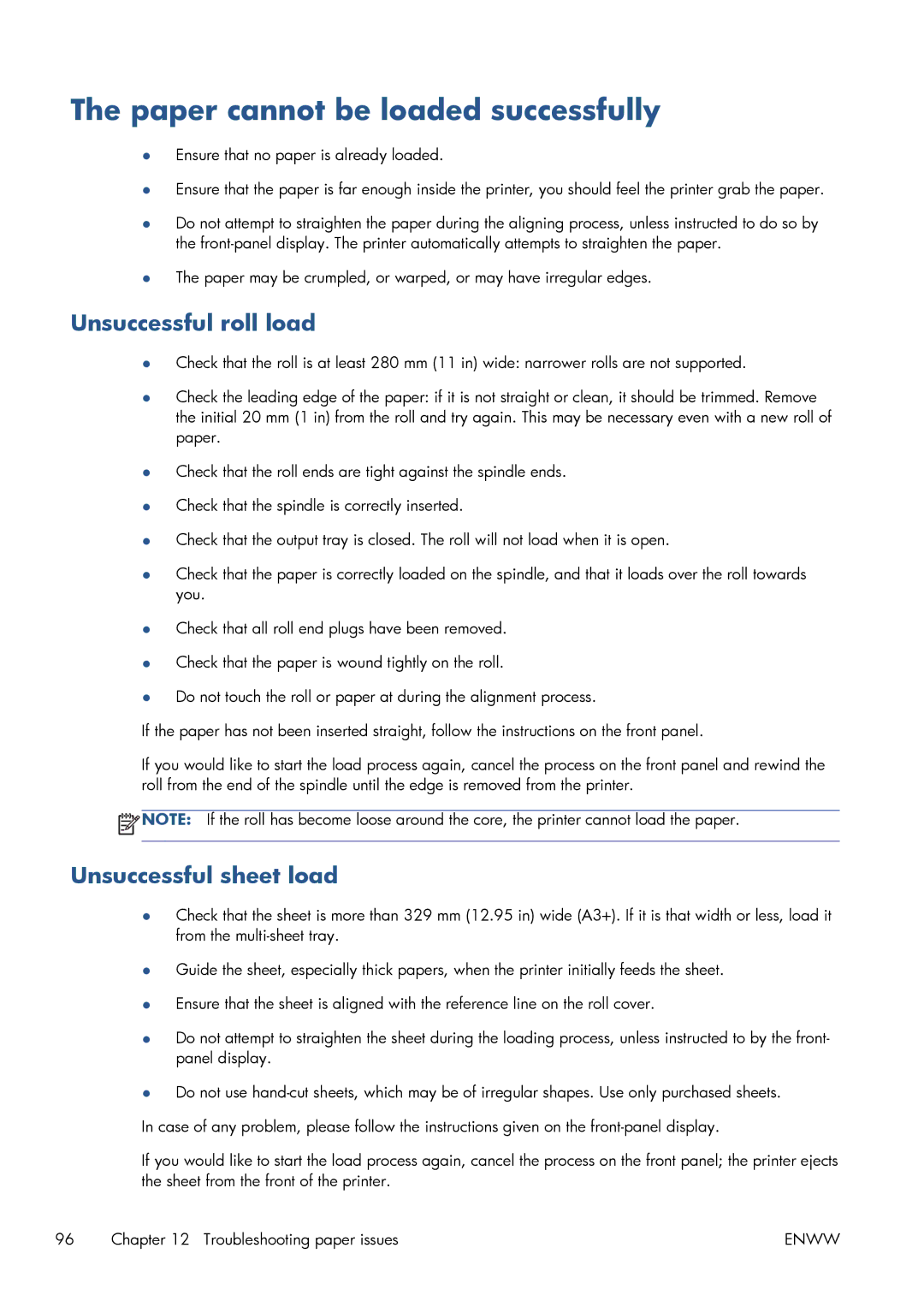 HP CQ893AB1K manual Paper cannot be loaded successfully, Unsuccessful roll load, Unsuccessful sheet load 