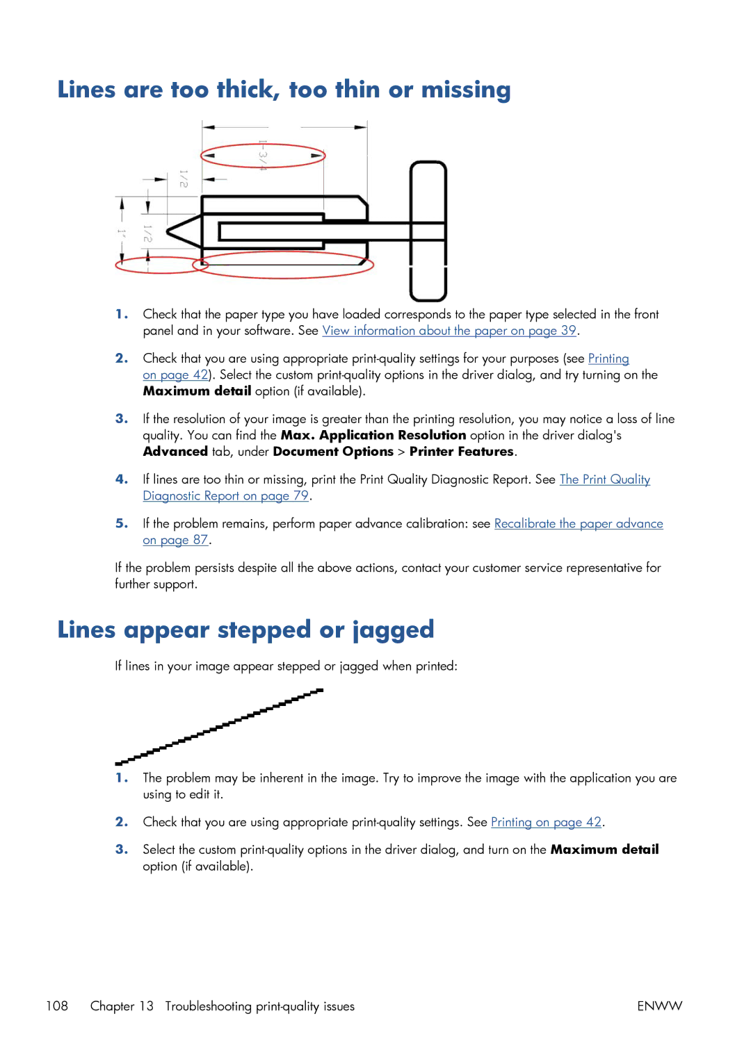 HP CQ893AB1K manual Lines are too thick, too thin or missing, Lines appear stepped or jagged 