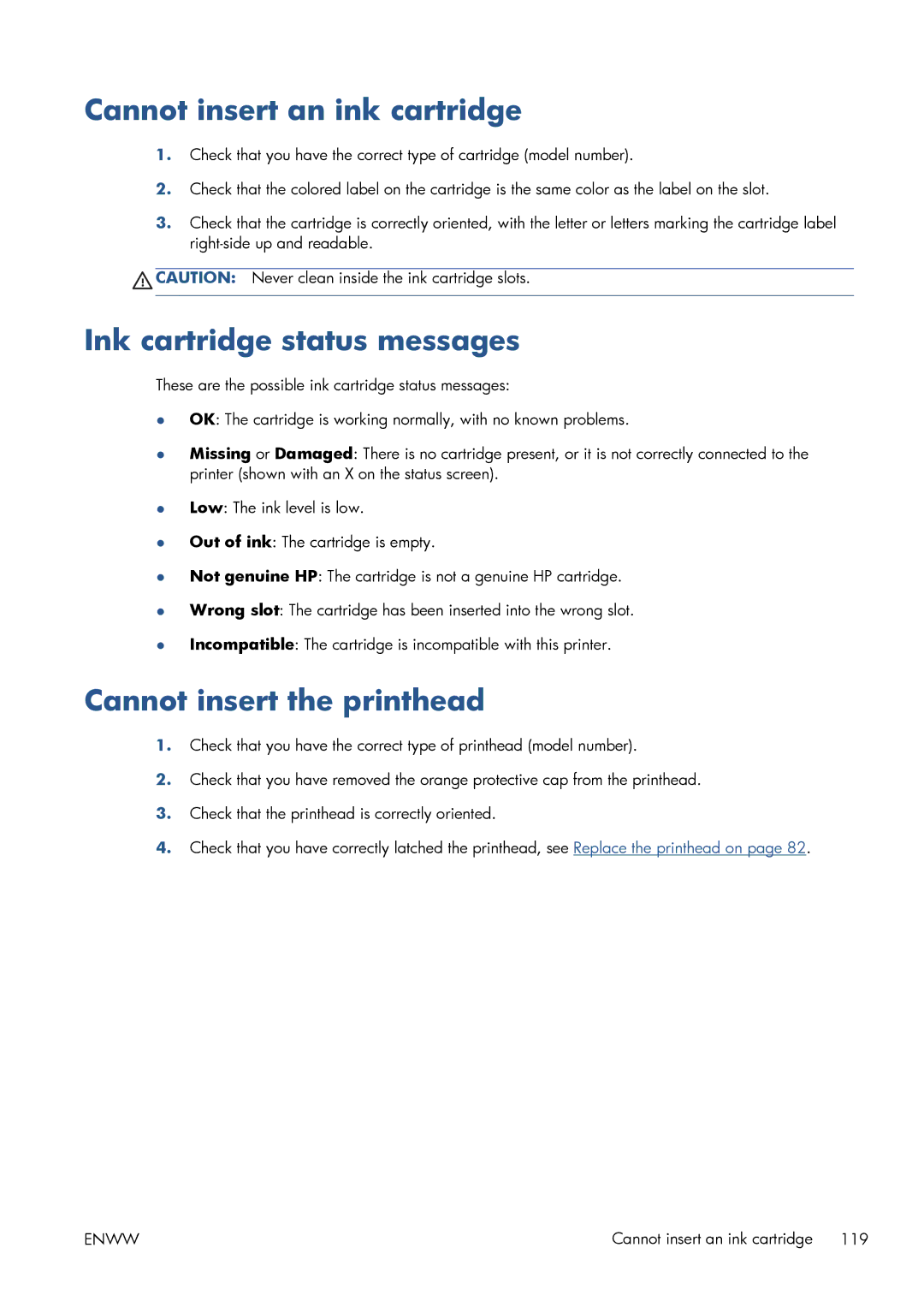 HP CQ893AB1K manual Cannot insert an ink cartridge, Ink cartridge status messages, Cannot insert the printhead 