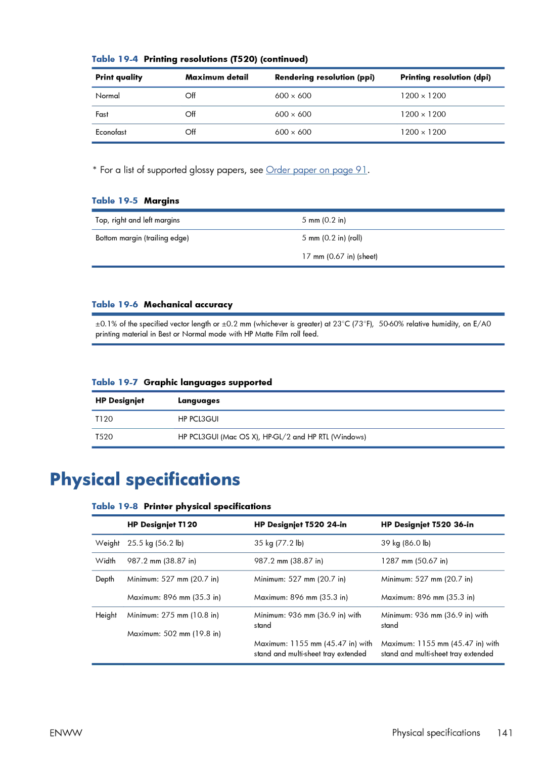 HP CQ893AB1K manual Physical specifications, For a list of supported glossy papers, see Order paper on 