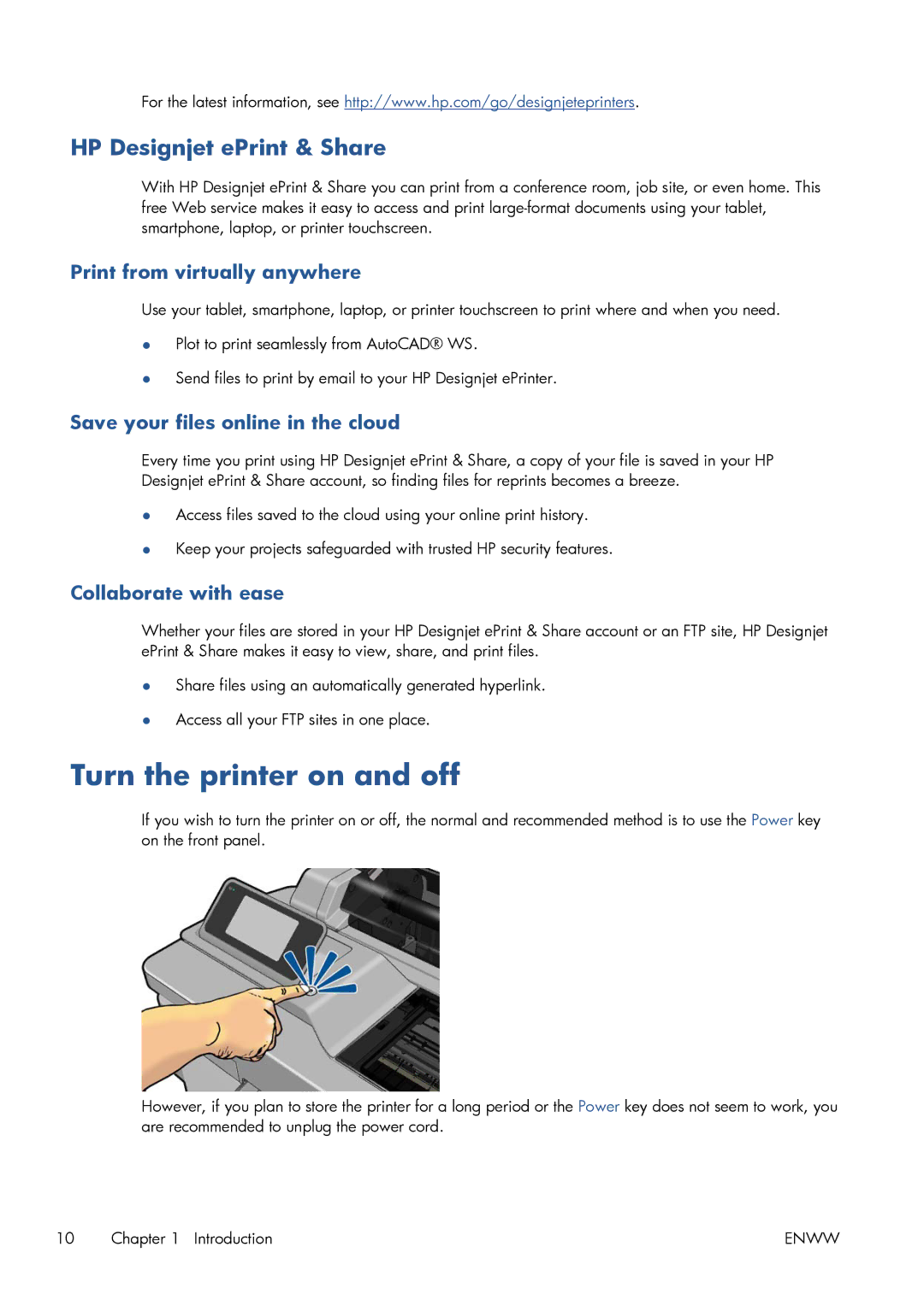 HP CQ893AB1K manual Turn the printer on and off, HP Designjet ePrint & Share 