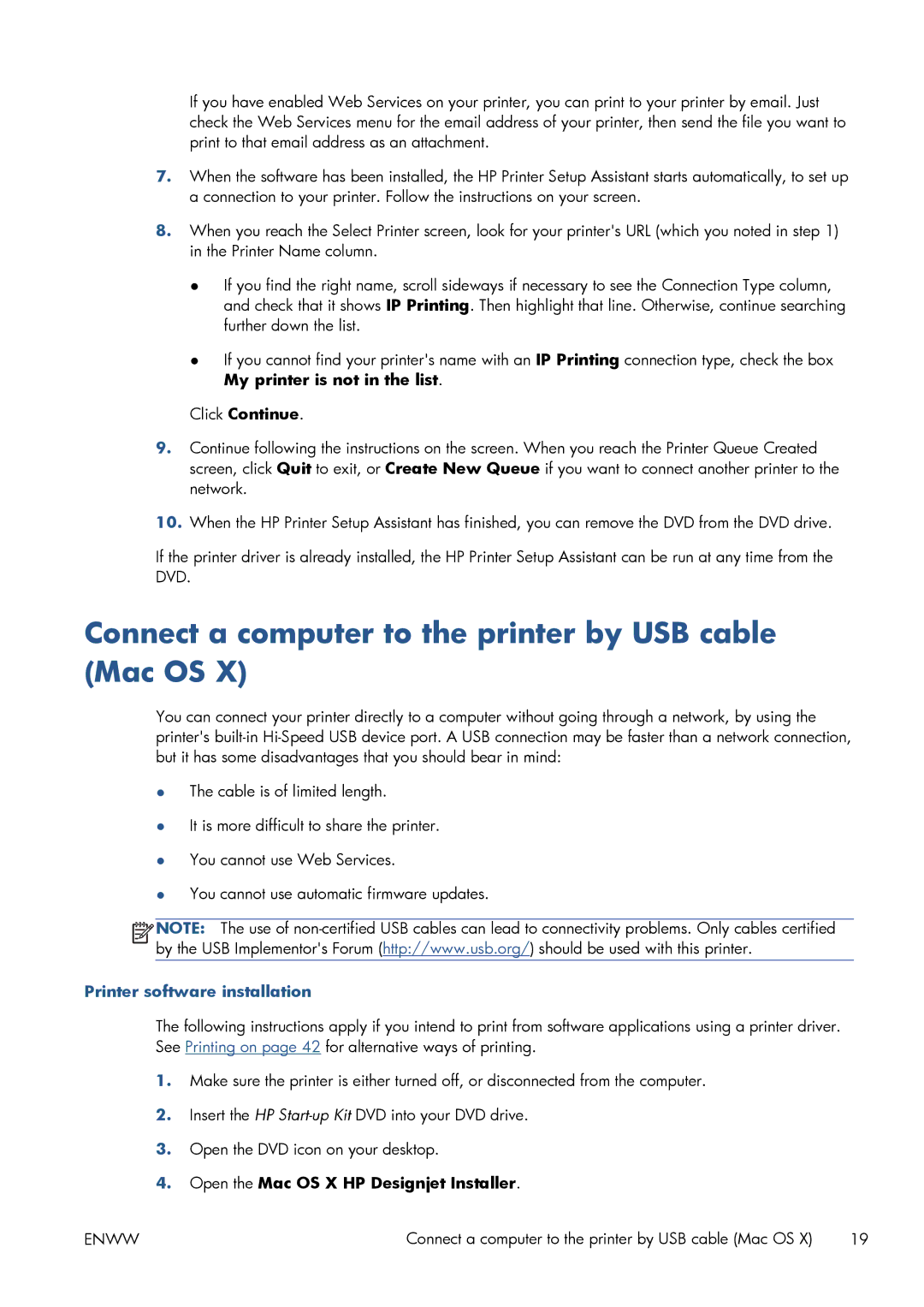 HP CQ893AB1K manual Connect a computer to the printer by USB cable Mac OS, Printer software installation 