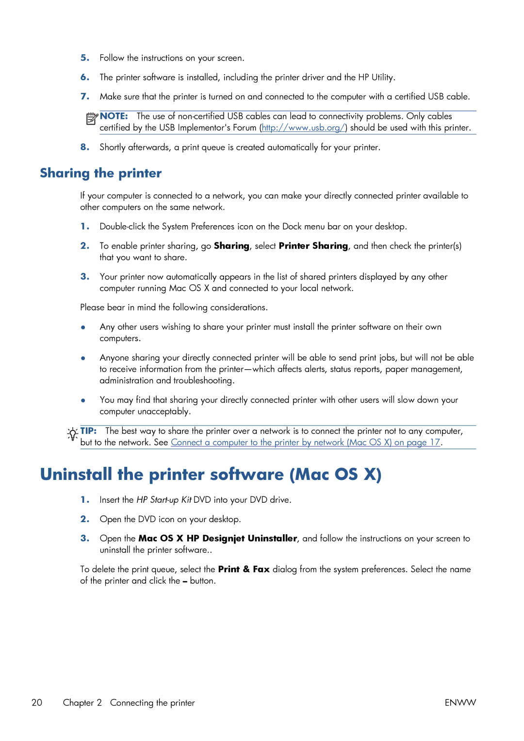 HP CQ893AB1K manual Uninstall the printer software Mac OS, Sharing the printer 