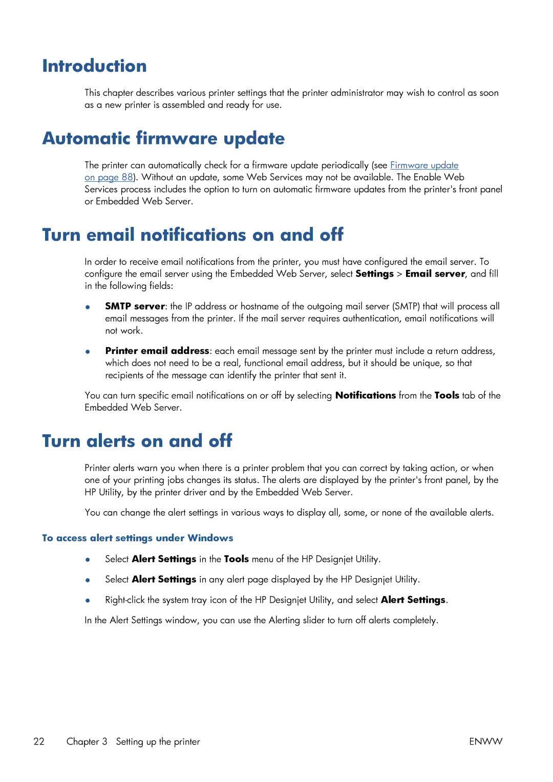 HP CQ893AB1K manual Introduction, Automatic firmware update, Turn email notifications on and off, Turn alerts on and off 