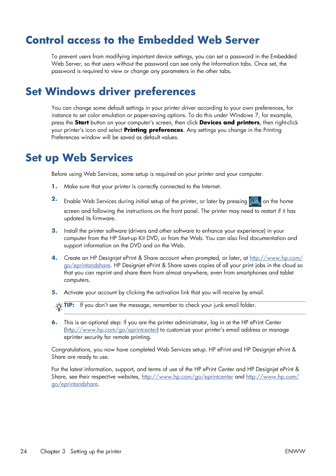 HP CQ893AB1K manual Control access to the Embedded Web Server, Set Windows driver preferences, Set up Web Services 