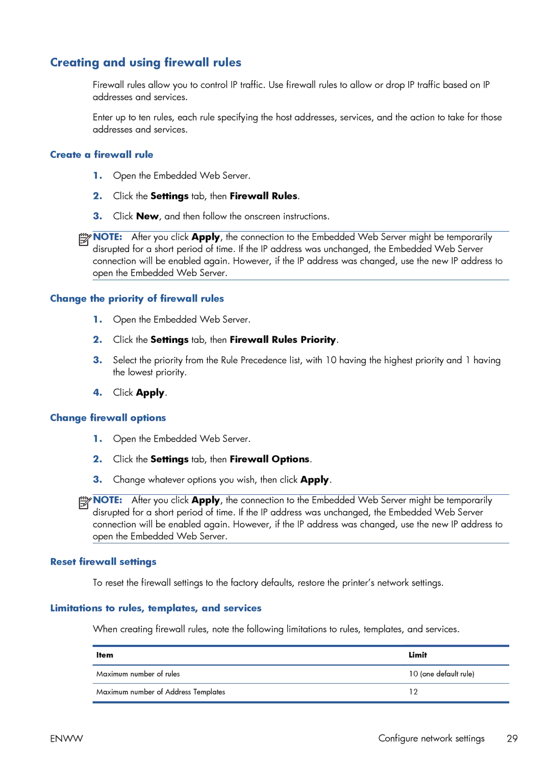 HP CQ893AB1K manual Create a firewall rule, Change the priority of firewall rules, Change firewall options 