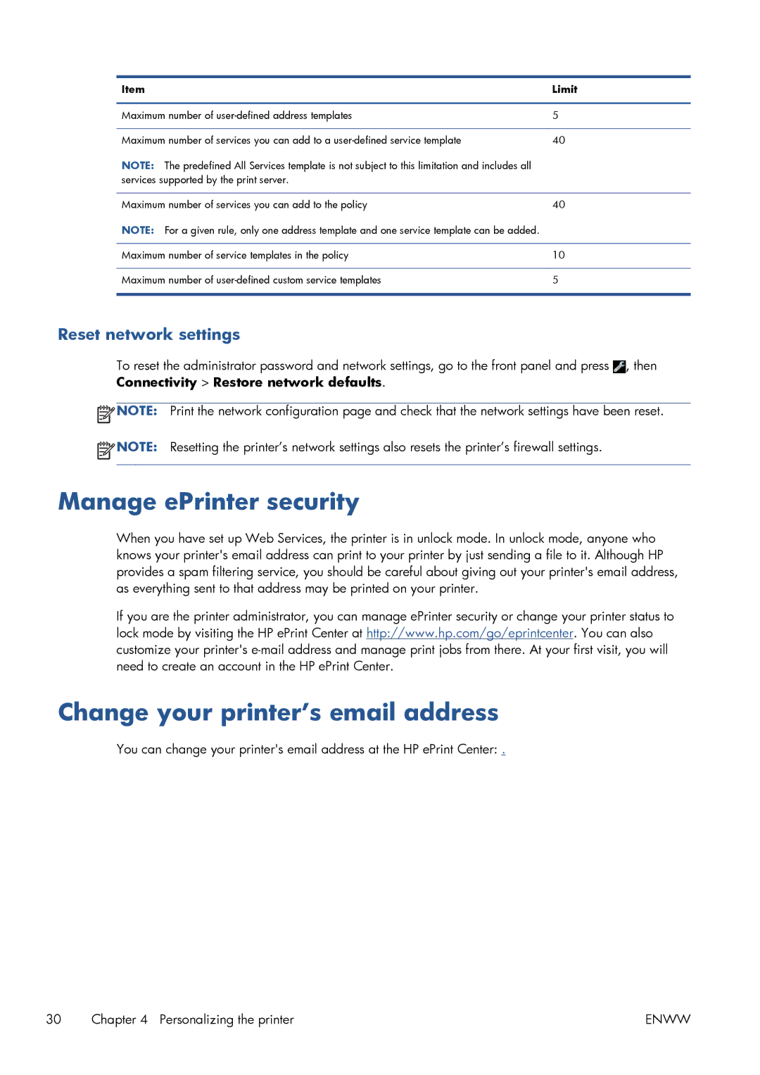 HP CQ893AB1K manual Manage ePrinter security, Change your printer’s email address 