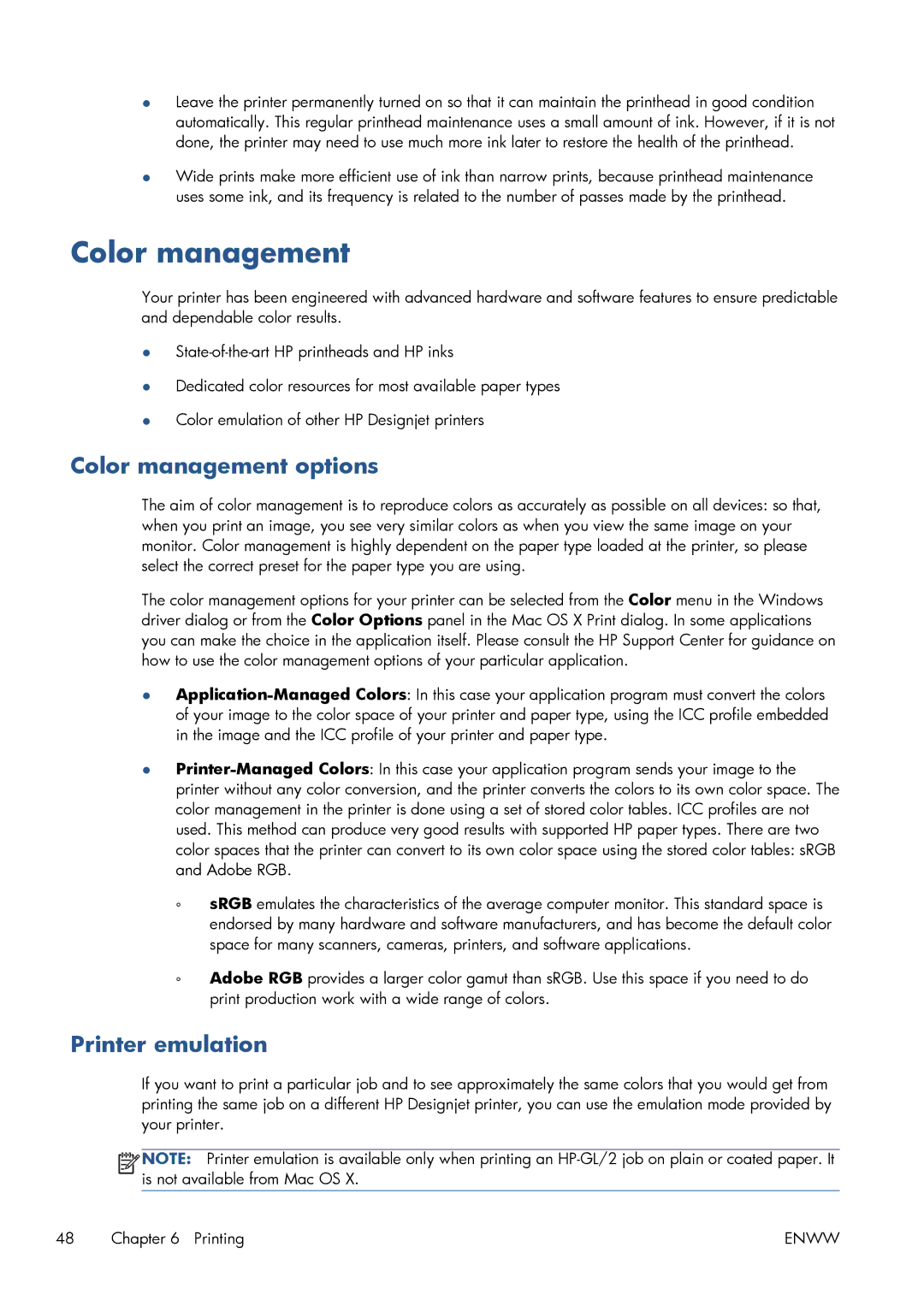 HP CQ893AB1K manual Color management options, Printer emulation 