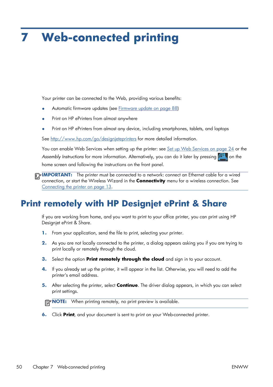 HP CQ893AB1K manual Web-connected printing, Print remotely with HP Designjet ePrint & Share 