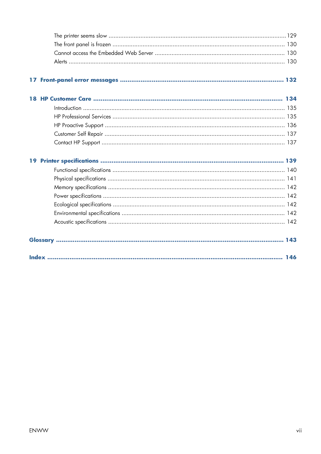 HP CQ893AB1K manual Front-panel error messages 132 HP Customer Care 134, Printer specifications 139, Glossary 143 Index 146 