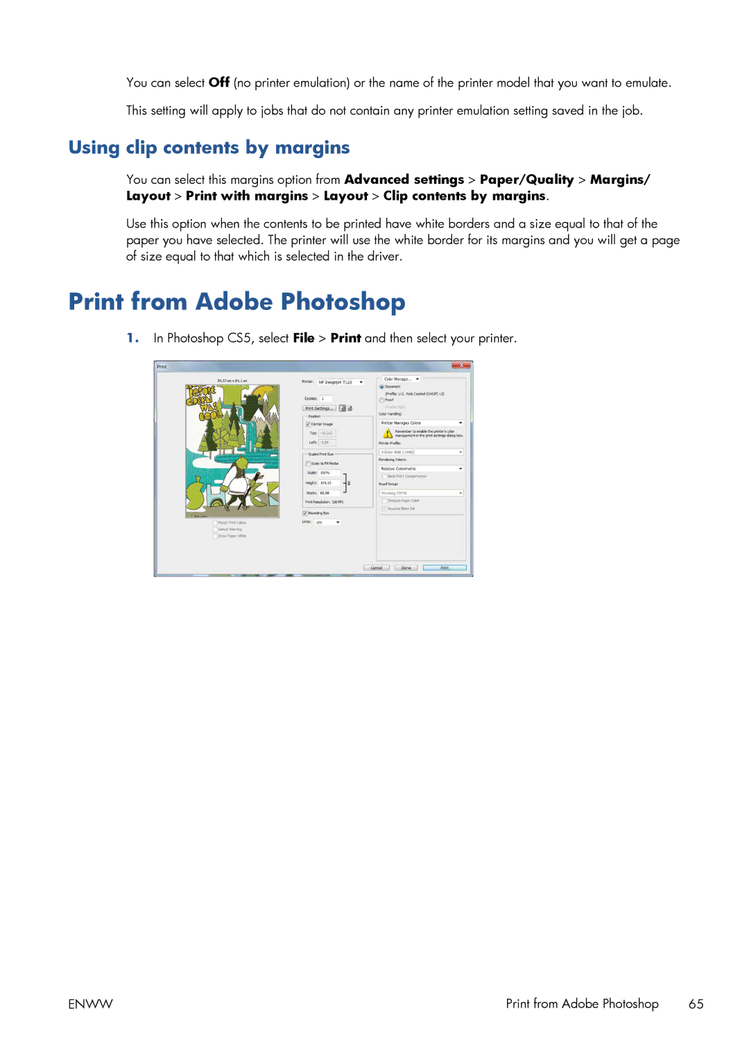 HP CQ893AB1K manual Print from Adobe Photoshop, Using clip contents by margins 