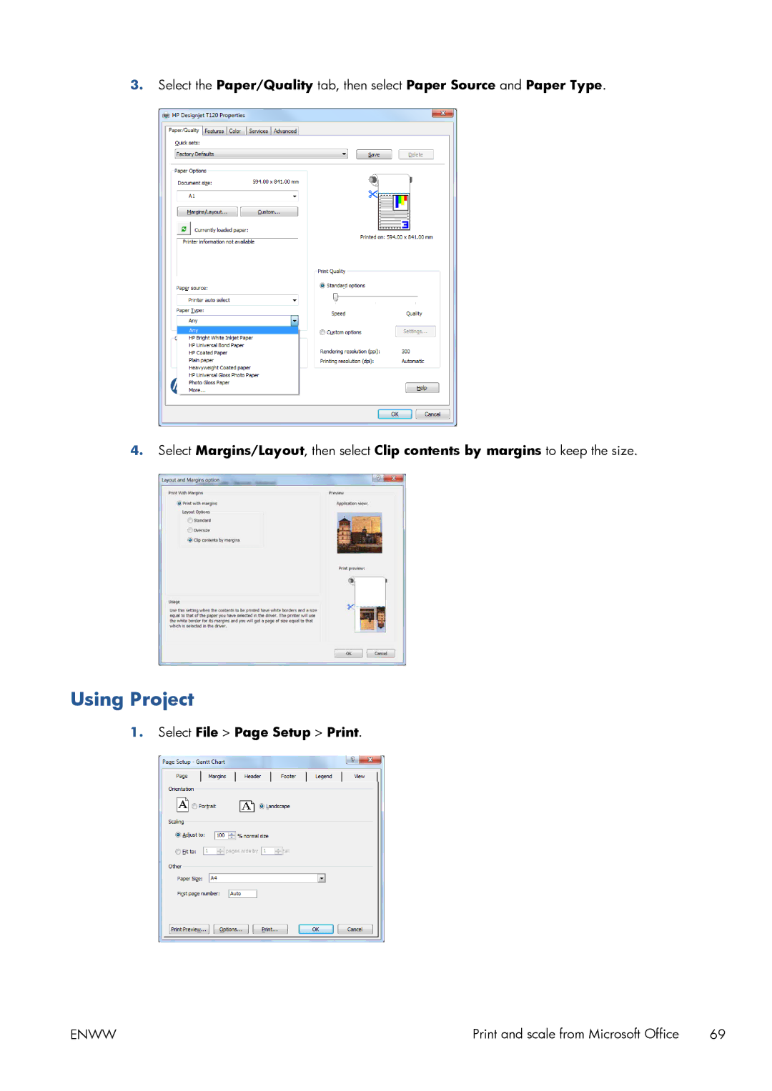 HP CQ893AB1K manual Using Project, Select File Page Setup Print 