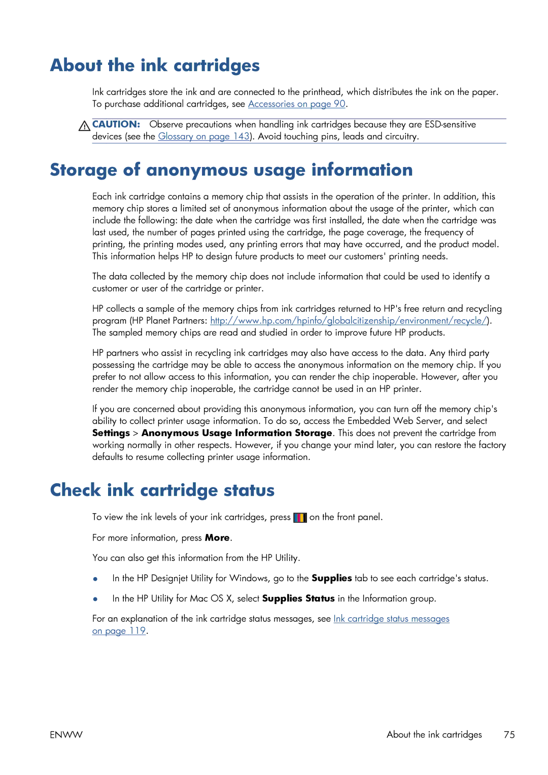 HP CQ893AB1K manual About the ink cartridges, Storage of anonymous usage information, Check ink cartridge status 