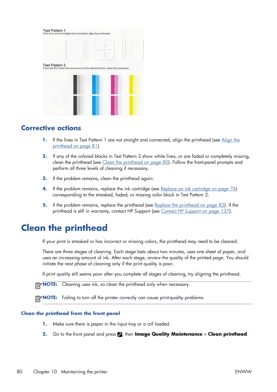 HP CQ893AB1K manual Corrective actions, Clean the printhead from the front panel 