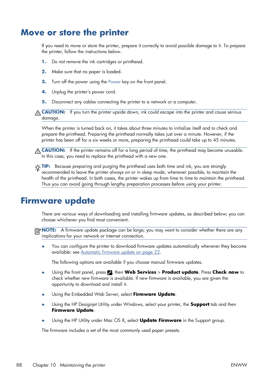 HP CQ893AB1K manual Move or store the printer, Firmware update 