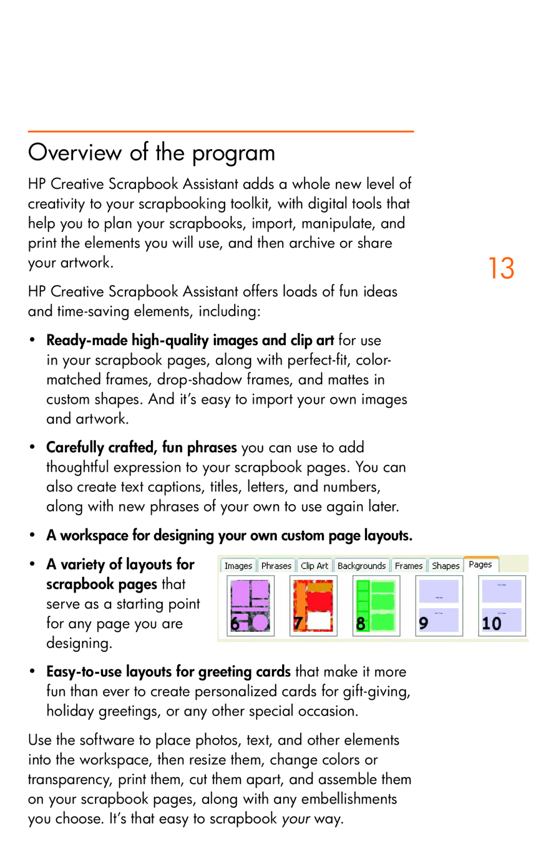 HP Creative Scrapbook Assistant manual Overview of the program 