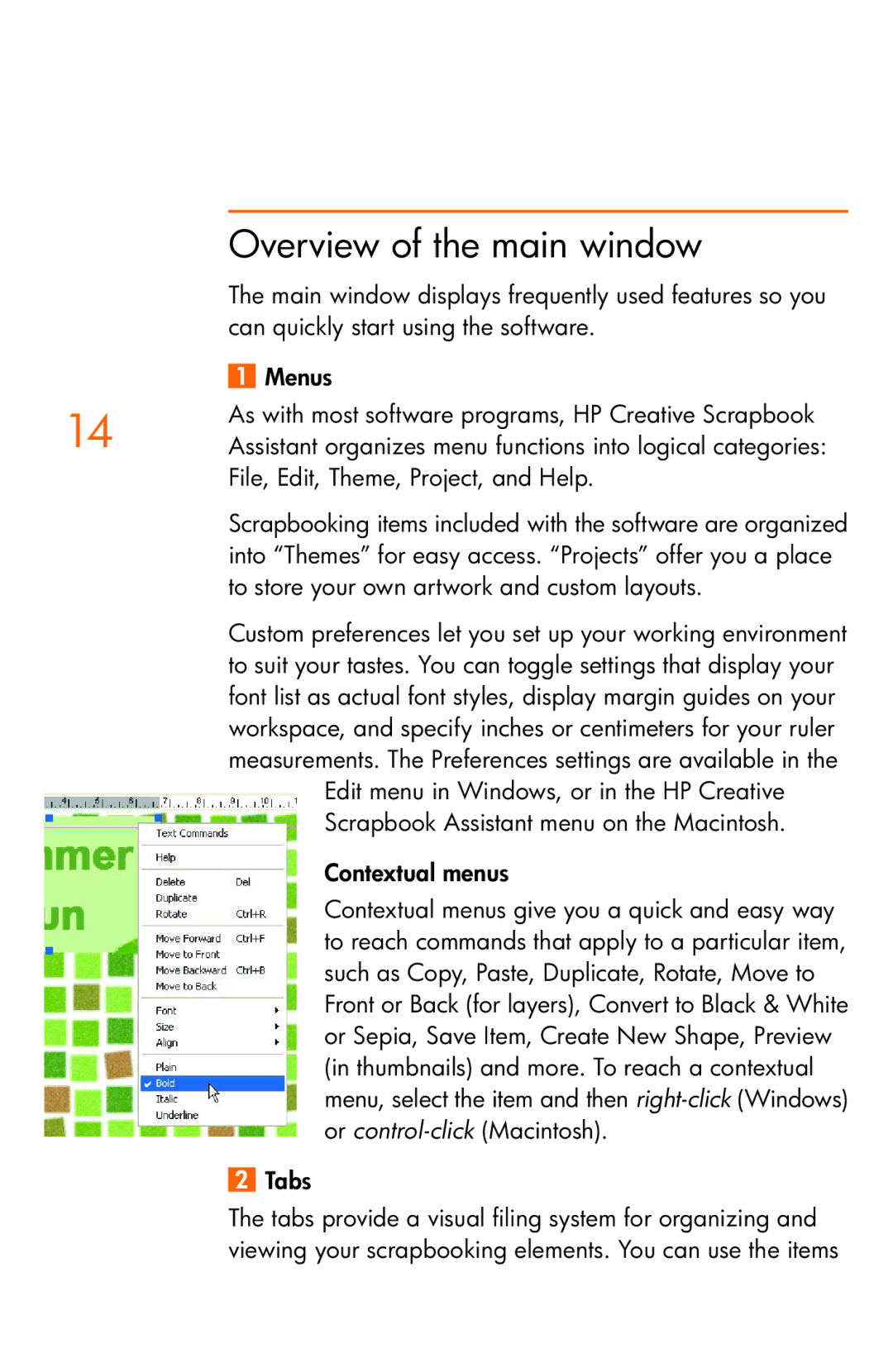 HP Creative Scrapbook Assistant manual Overview of the main window, Can quickly start using the software, Menus, Tabs 