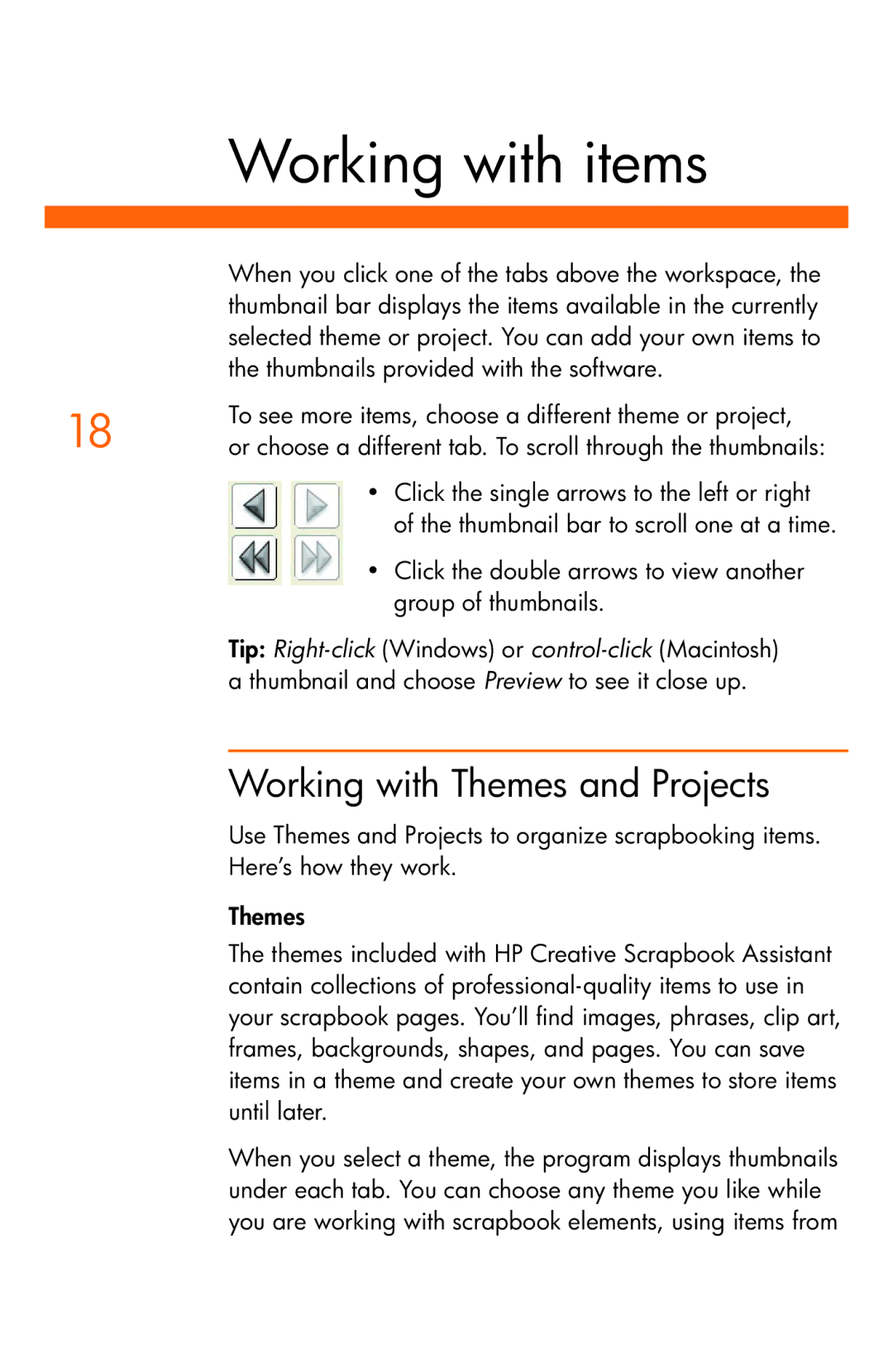 HP Creative Scrapbook Assistant manual Working with items, Working with Themes and Projects, Group of thumbnails 